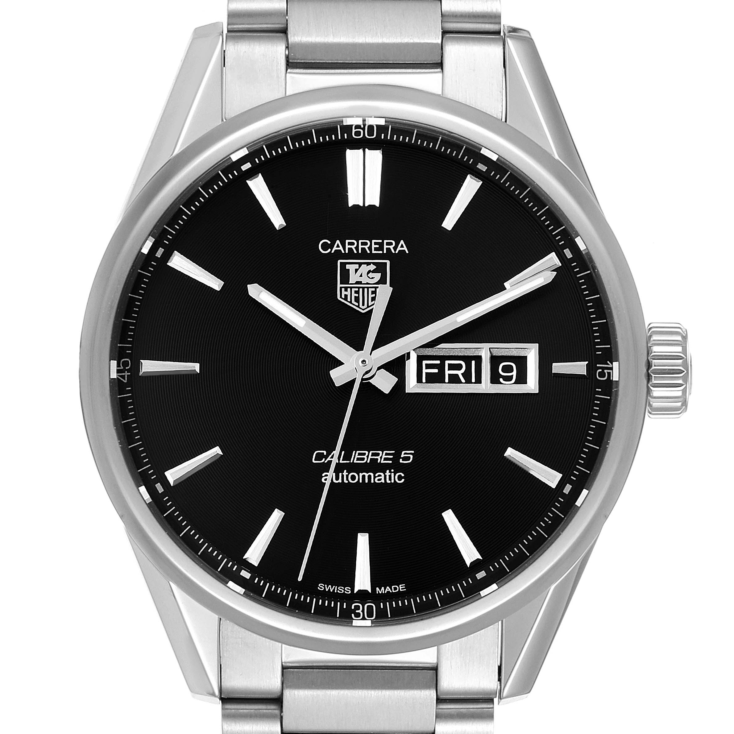 The image shows a front view of the Tag Heuer Carrera WAR201A.BA0723 Men
s Stainless Steel Black Dial WAR201A.BA0723 Men
s Stainless Steel Black Dial Calibre 5 automatic watch, highlighting its black dial and metal bracelet.