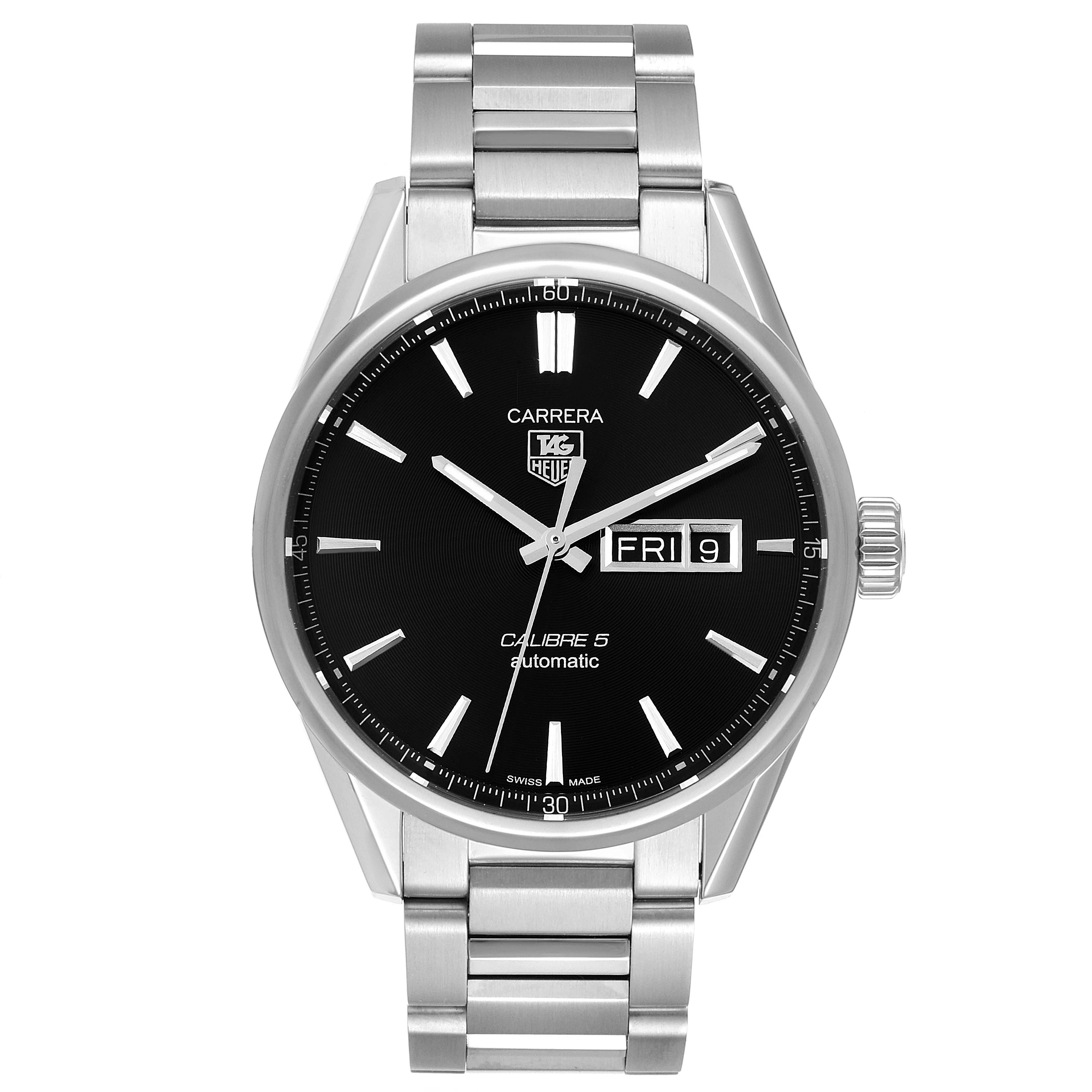 The image shows a front view of a Tag Heuer Carrera WAR201A.BA0723 Men
s Stainless Steel Black Dial WAR201A.BA0723 Men
s Stainless Steel Black Dial watch with a black dial, stainless steel bracelet, and day-date display.