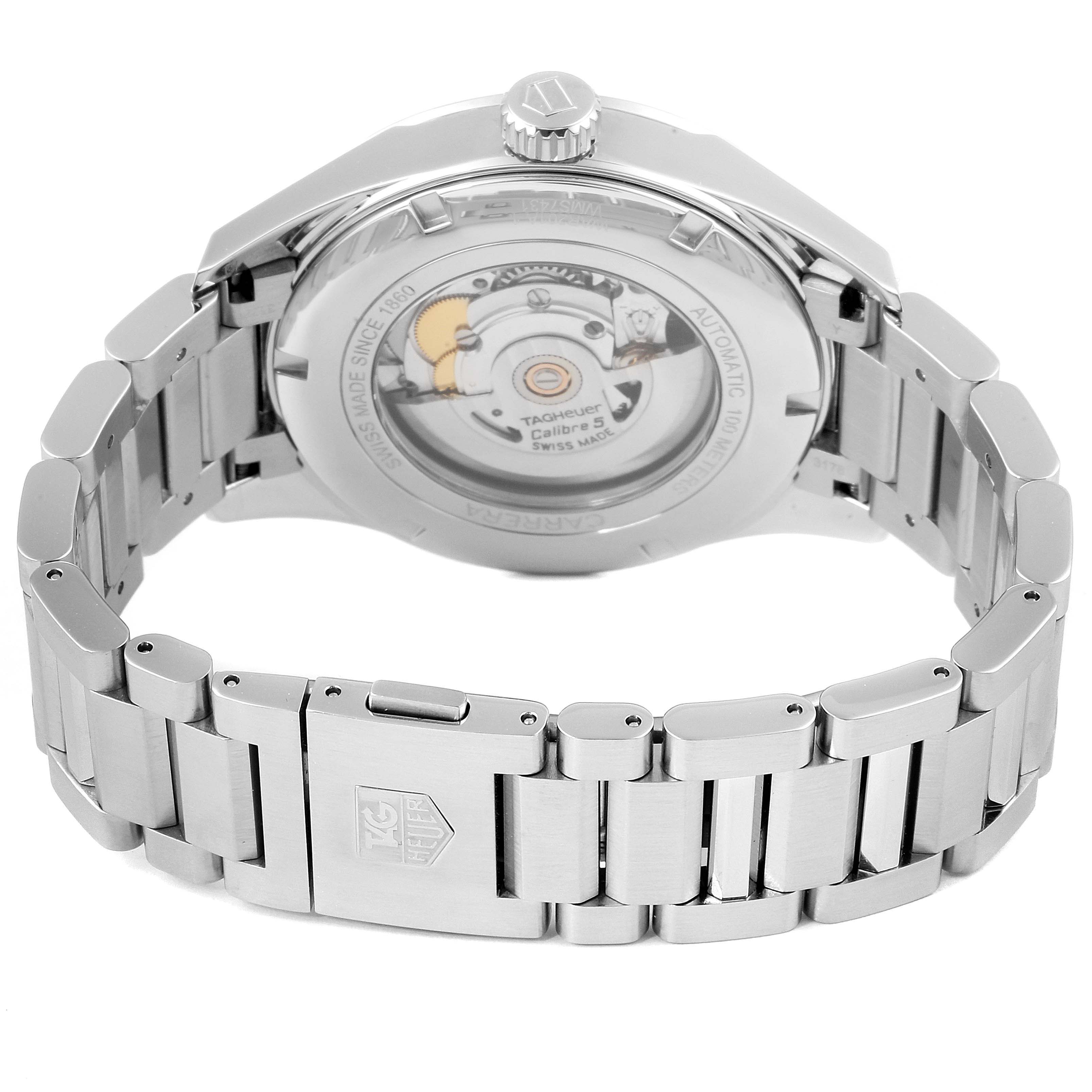 The image shows the back of the Tag Heuer Carrera WAR201A.BA0723 Men
s Stainless Steel Black Dial WAR201A.BA0723 Men
s Stainless Steel Black Dial watch and the bracelet, highlighting the movement through the transparent case back.