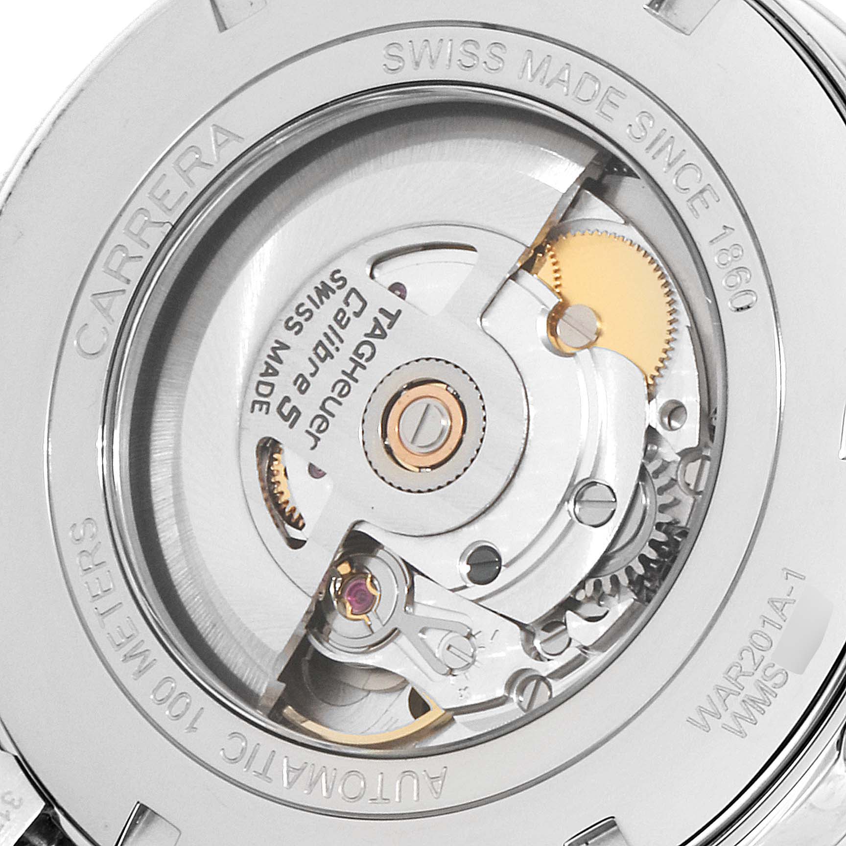 The image shows the back view of a Tag Heuer Carrera WAR201A.BA0723 Men
s Stainless Steel Black Dial WAR201A.BA0723 Men
s Stainless Steel Black Dial watch, highlighting its Swiss-made Calibre 5 automatic movement.