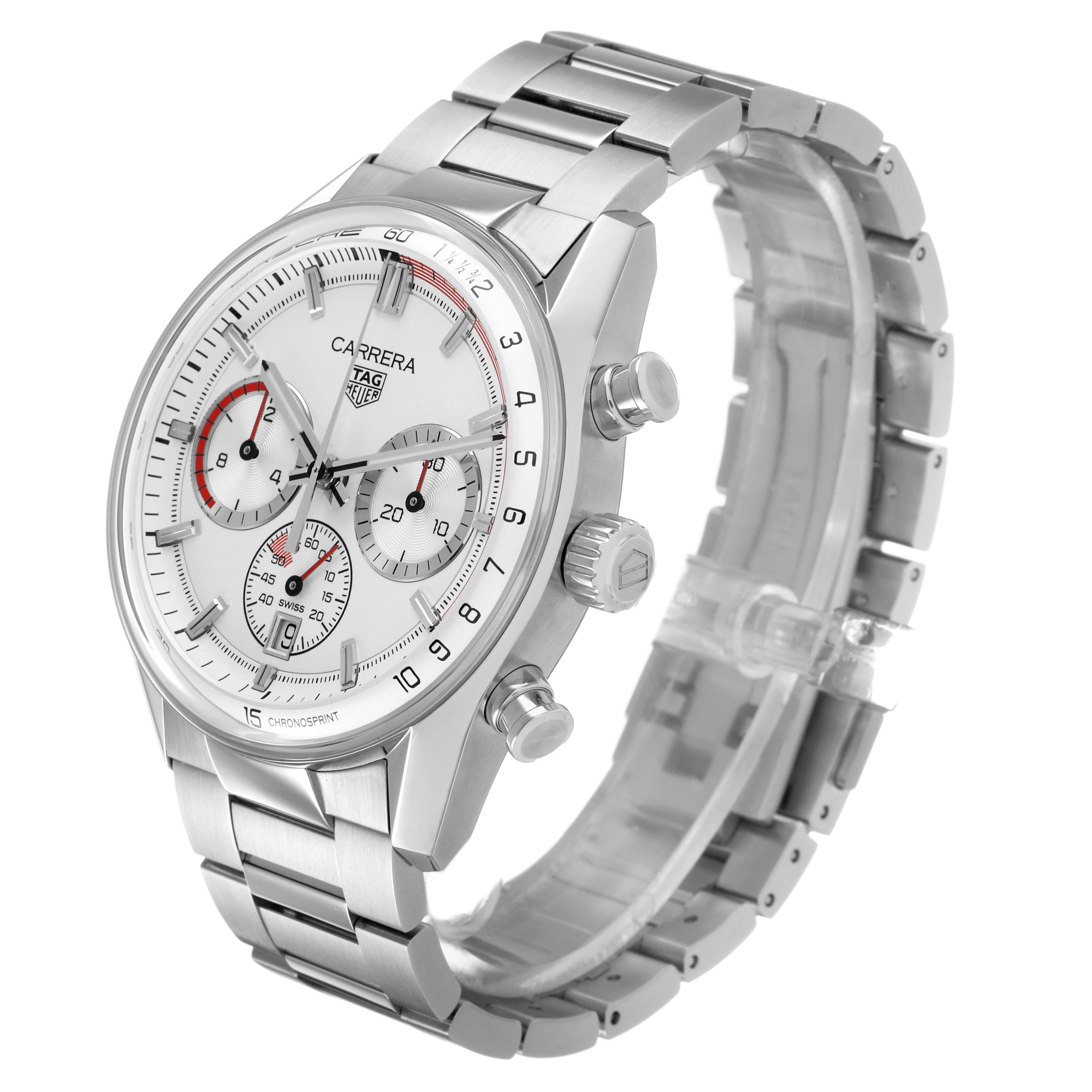 The Tag Heuer Carrera CBS2011.FC6529 Men's Stainless Steel Silver Dial watch is shown at a three-quarter angle, highlighting the face, chronograph dials, and stainless steel bracelet.