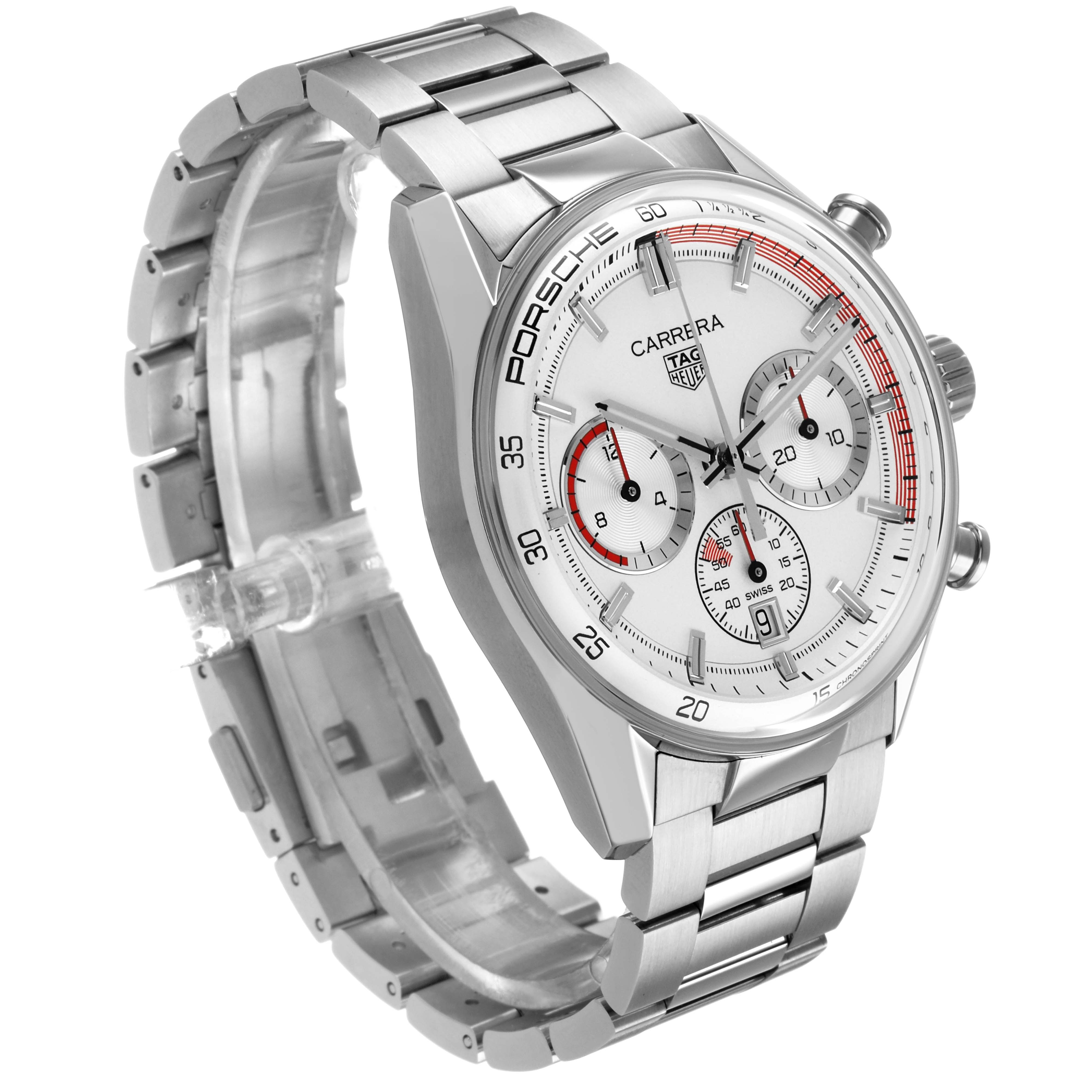 The Tag Heuer Carrera CBS2011.FC6529 Men's Stainless Steel Silver Dial watch is shown from a three-quarter angle, highlighting its face, bezel, and bracelet.