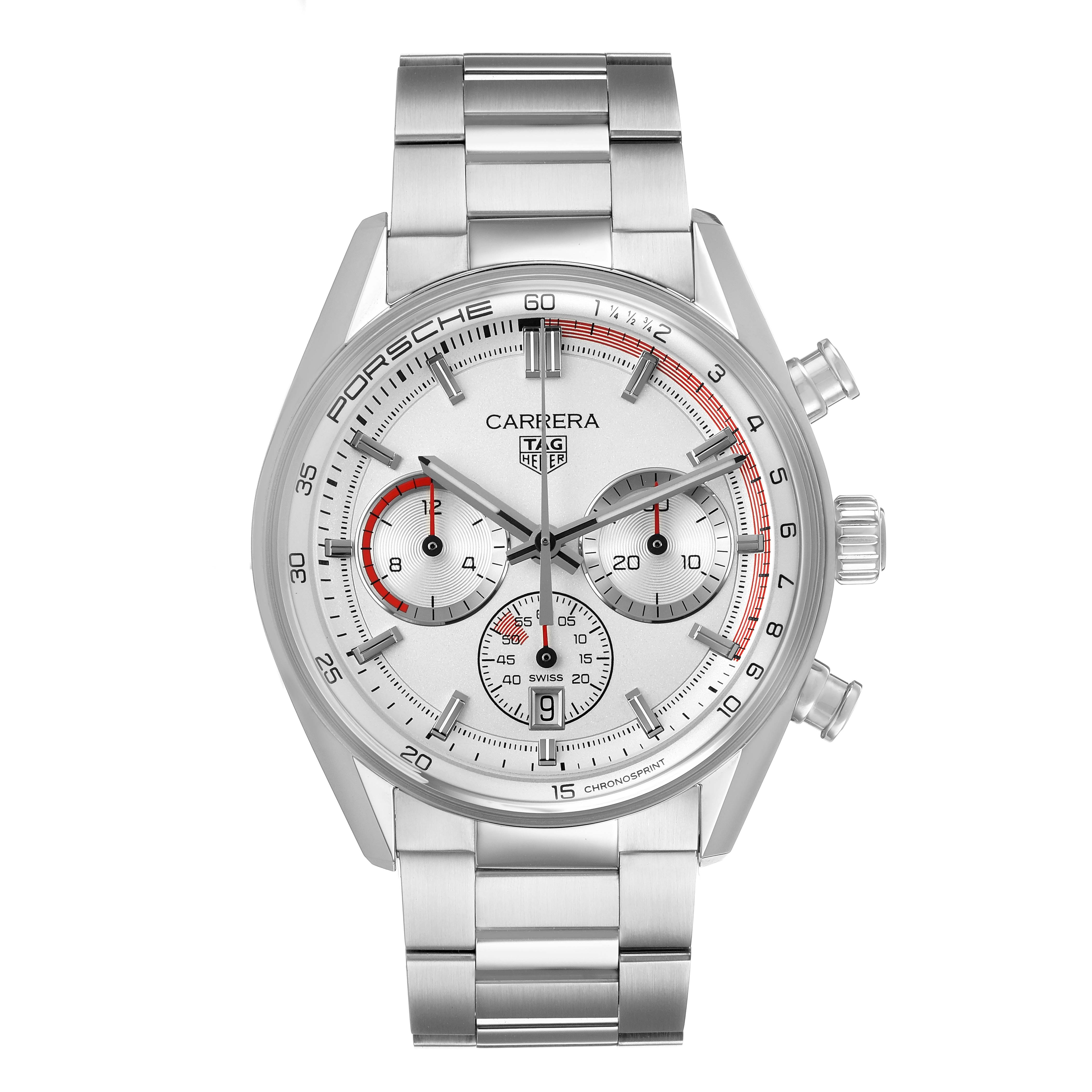 The Tag Heuer Carrera CBS2011.FC6529 Men's Stainless Steel Silver Dial watch is shown from a front angle, highlighting its face, bezel, chronograph dials, and bracelet.