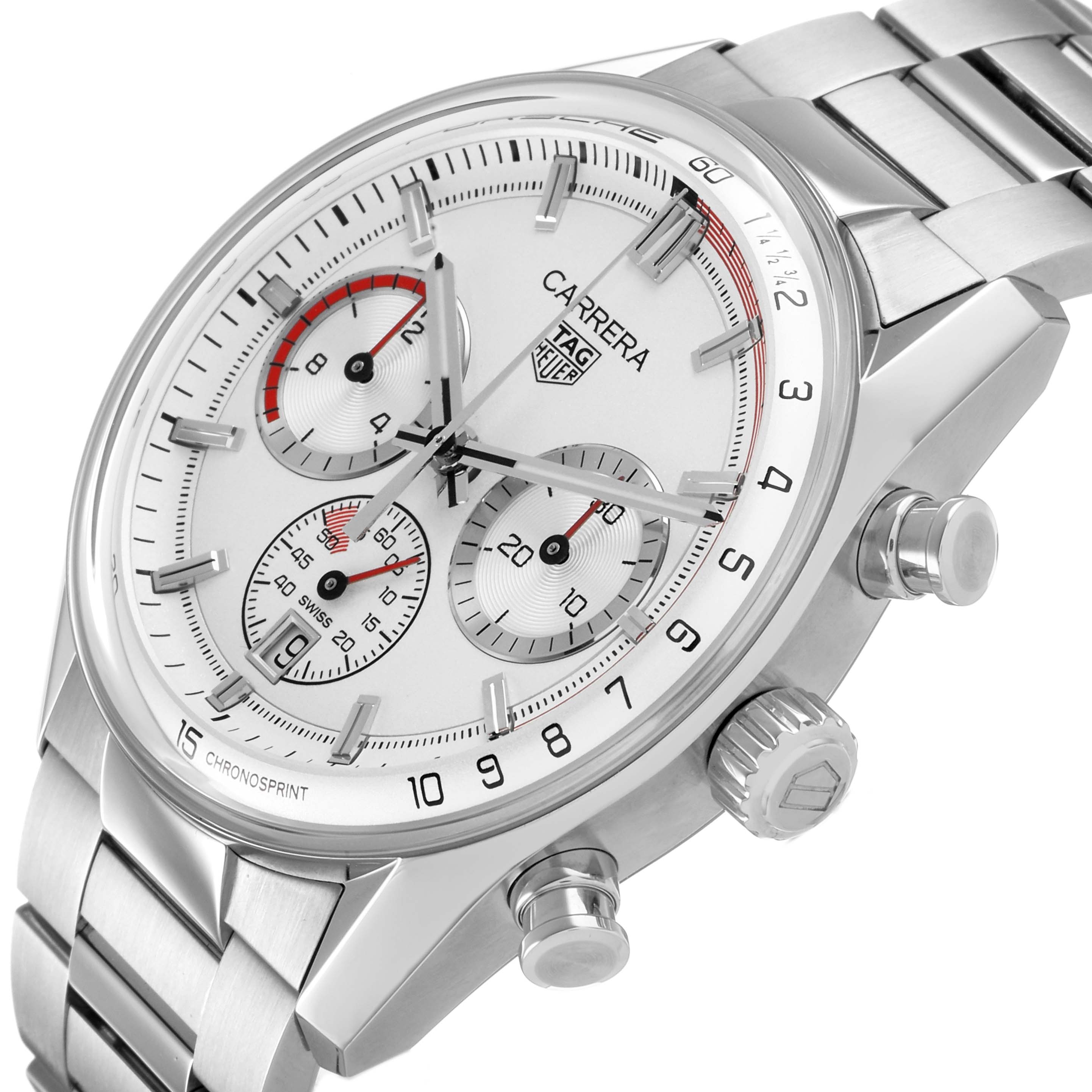 The Tag Heuer Carrera CBS2011.FC6529 Men's Stainless Steel Silver Dial watch is shown from a three-quarter angle, highlighting the dial, pushers, and stainless steel bracelet.