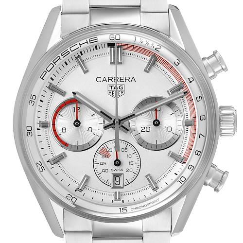 The Tag Heuer Carrera CBS2011.FC6529 Men's Stainless Steel Silver Dial watch is shown from a front angle, highlighting the dial, chronograph subdials, and stainless steel bracelet.