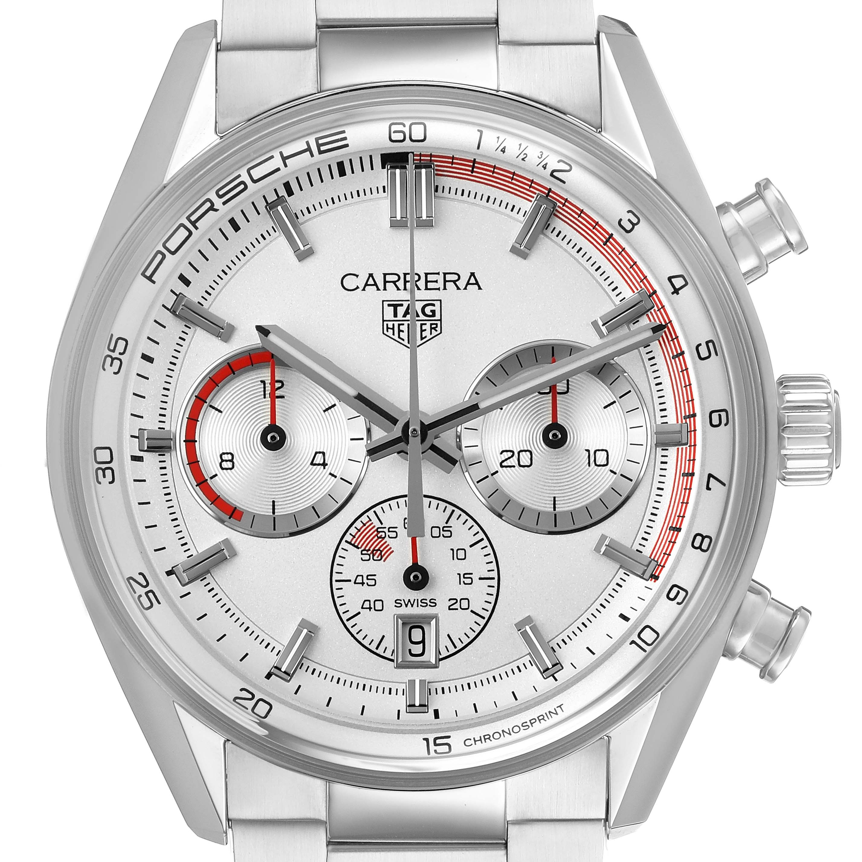 The Tag Heuer Carrera CBS2011.FC6529 Men's Stainless Steel Silver Dial watch is shown head-on, displaying its face, sub-dials, and side buttons.