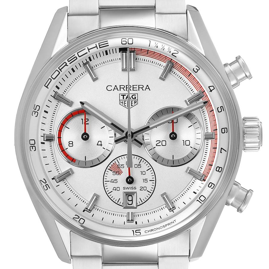 The Tag Heuer Carrera CBS2011.FC6529 Men's Stainless Steel Silver Dial watch is shown head-on, displaying its face, sub-dials, and side buttons.