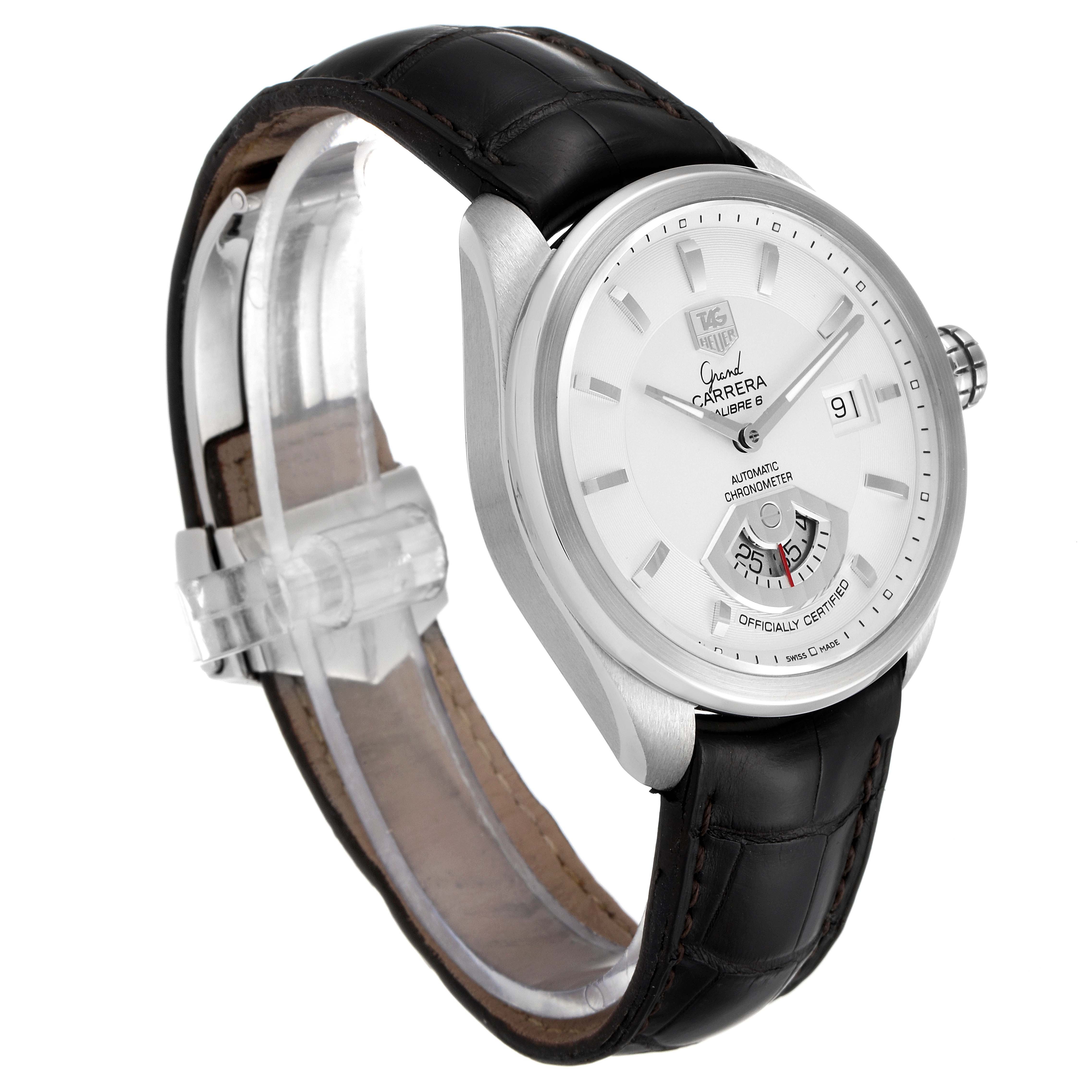 The image shows an angled front view of the Tag Heuer Carrera WAV511B.FC6224 Men's Stainless Steel Silver Dial WAV511B.FC6224 Men's Stainless Steel Silver Dial watch, highlighting the face, bezel, and leather strap.