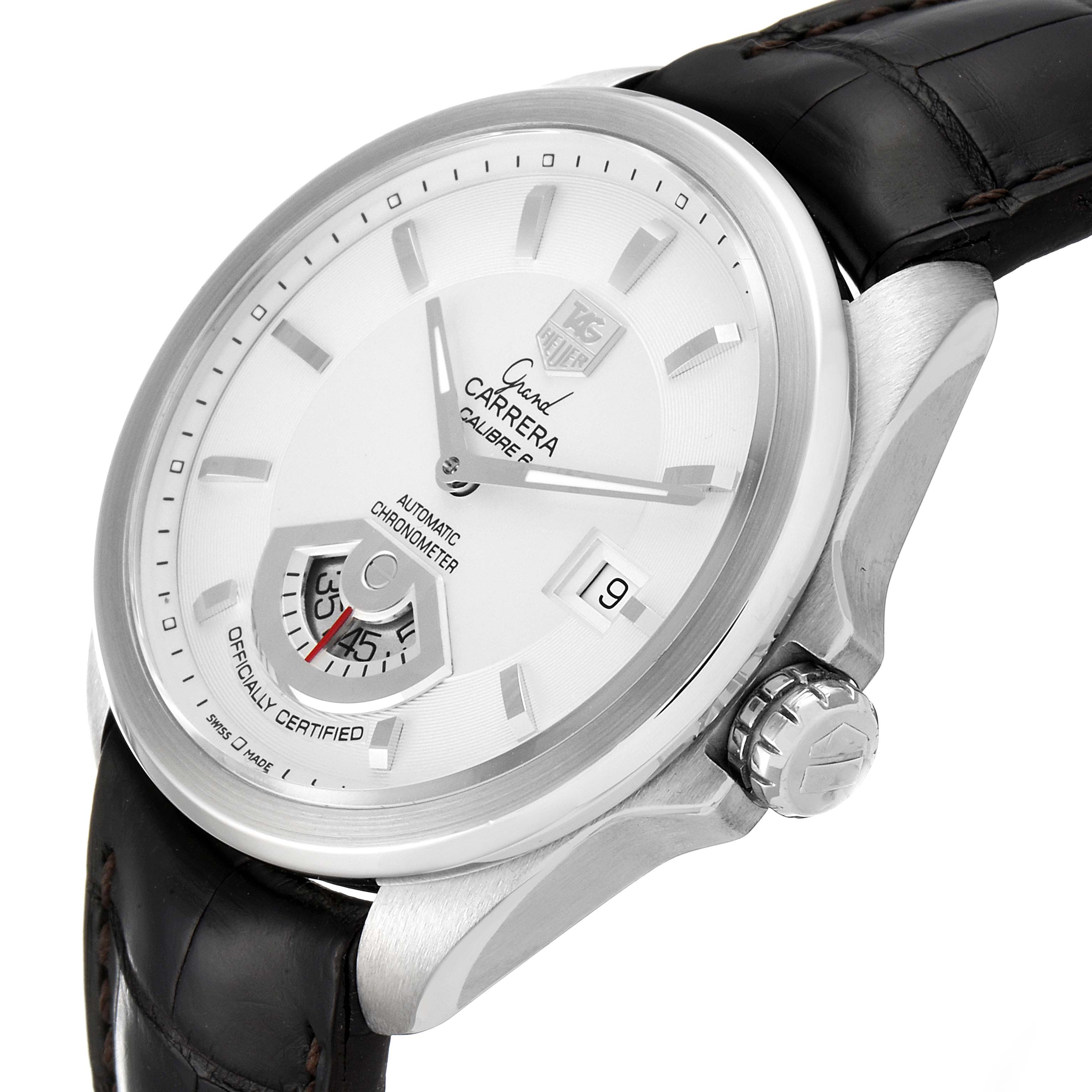 The Tag Heuer Carrera WAV511B.FC6224 Men's Stainless Steel Silver Dial WAV511B.FC6224 Men's Stainless Steel Silver Dial watch is displayed at a slight angle, showing the face, crown, and part of the strap.