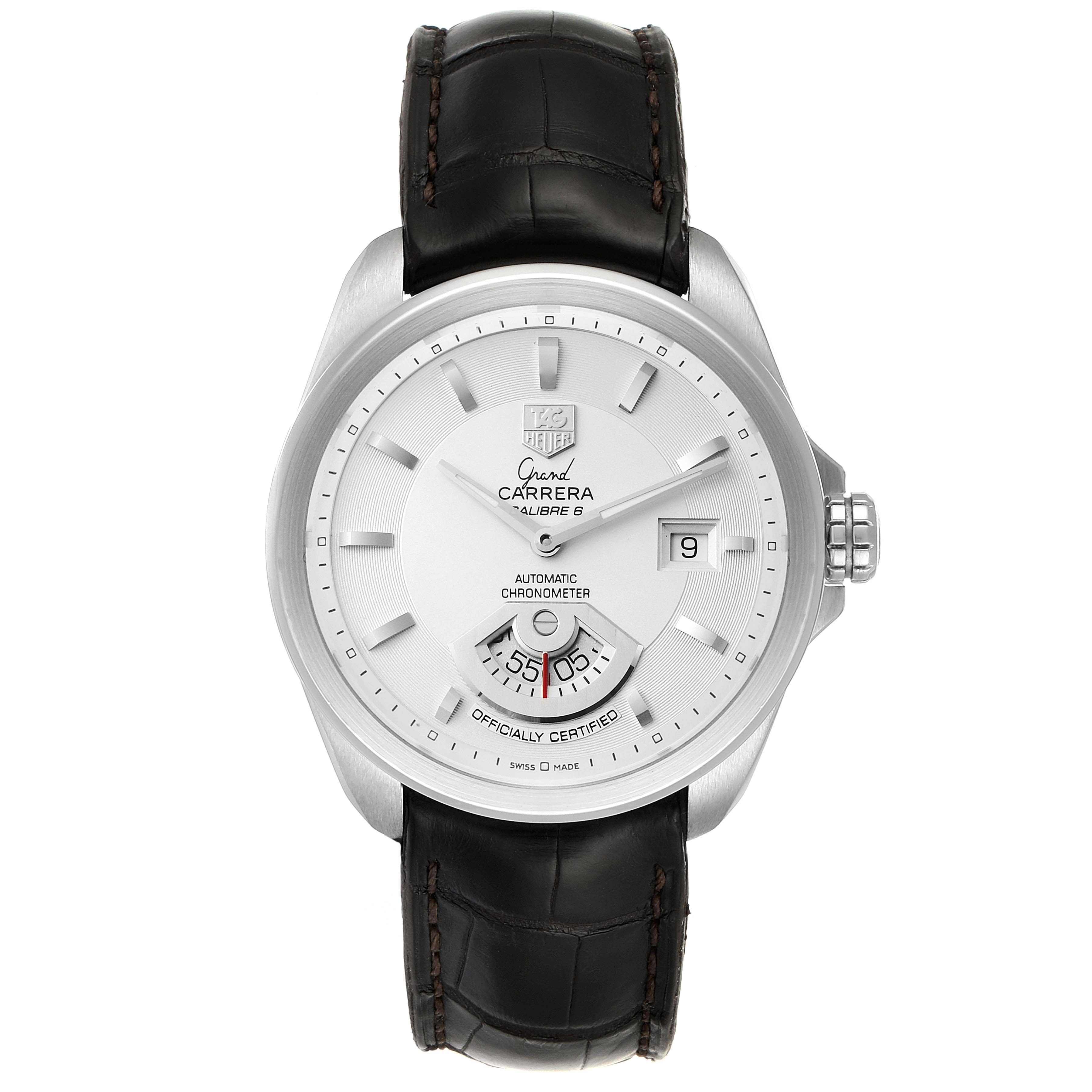 The image shows a front view of the Tag Heuer Carrera WAV511B.FC6224 Men's Stainless Steel Silver Dial WAV511B.FC6224 Men's Stainless Steel Silver Dial watch, featuring its dial, hour markers, hands, date window, and leather strap.