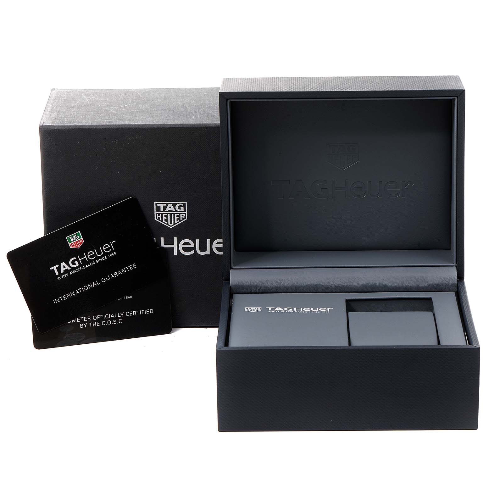 The image shows the packaging and international guarantee card for a Tag Heuer Carrera WAV511B.FC6224 Men's Stainless Steel Silver Dial WAV511B.FC6224 Men's Stainless Steel Silver Dial watch.
