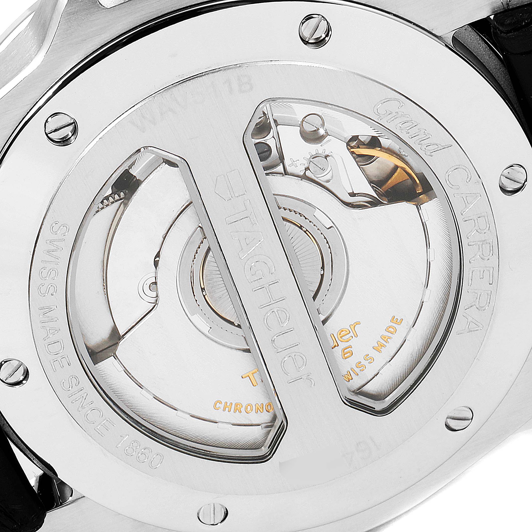 The image shows the back case of a Tag Heuer Carrera WAV511B.FC6224 Men's Stainless Steel Silver Dial WAV511B.FC6224 Men's Stainless Steel Silver Dial watch, showcasing its intricate mechanical movement.