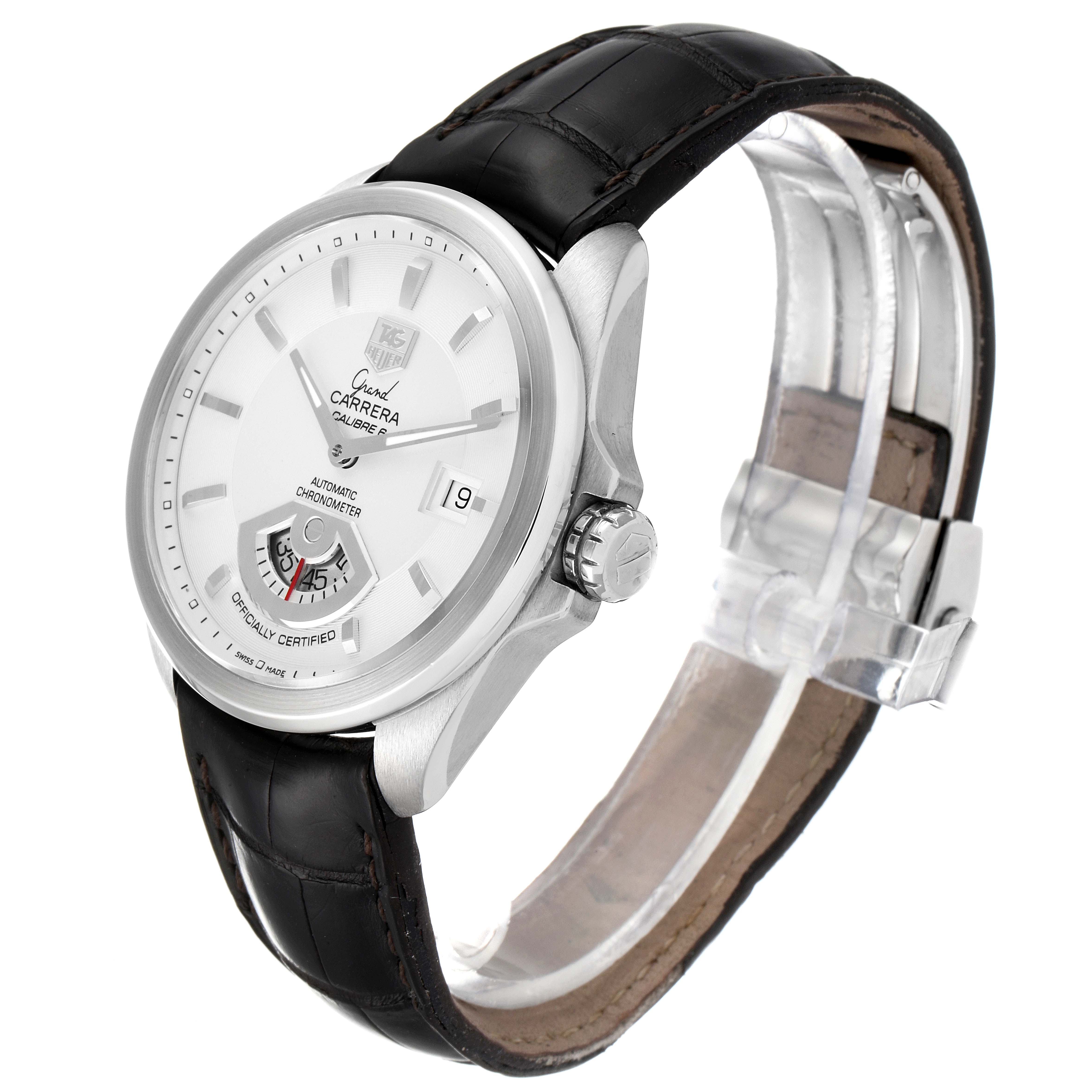 This image shows a Tag Heuer Carrera WAV511B.FC6224 Men's Stainless Steel Silver Dial WAV511B.FC6224 Men's Stainless Steel Silver Dial watch from a front-right angle, featuring its face, crown, and strap.