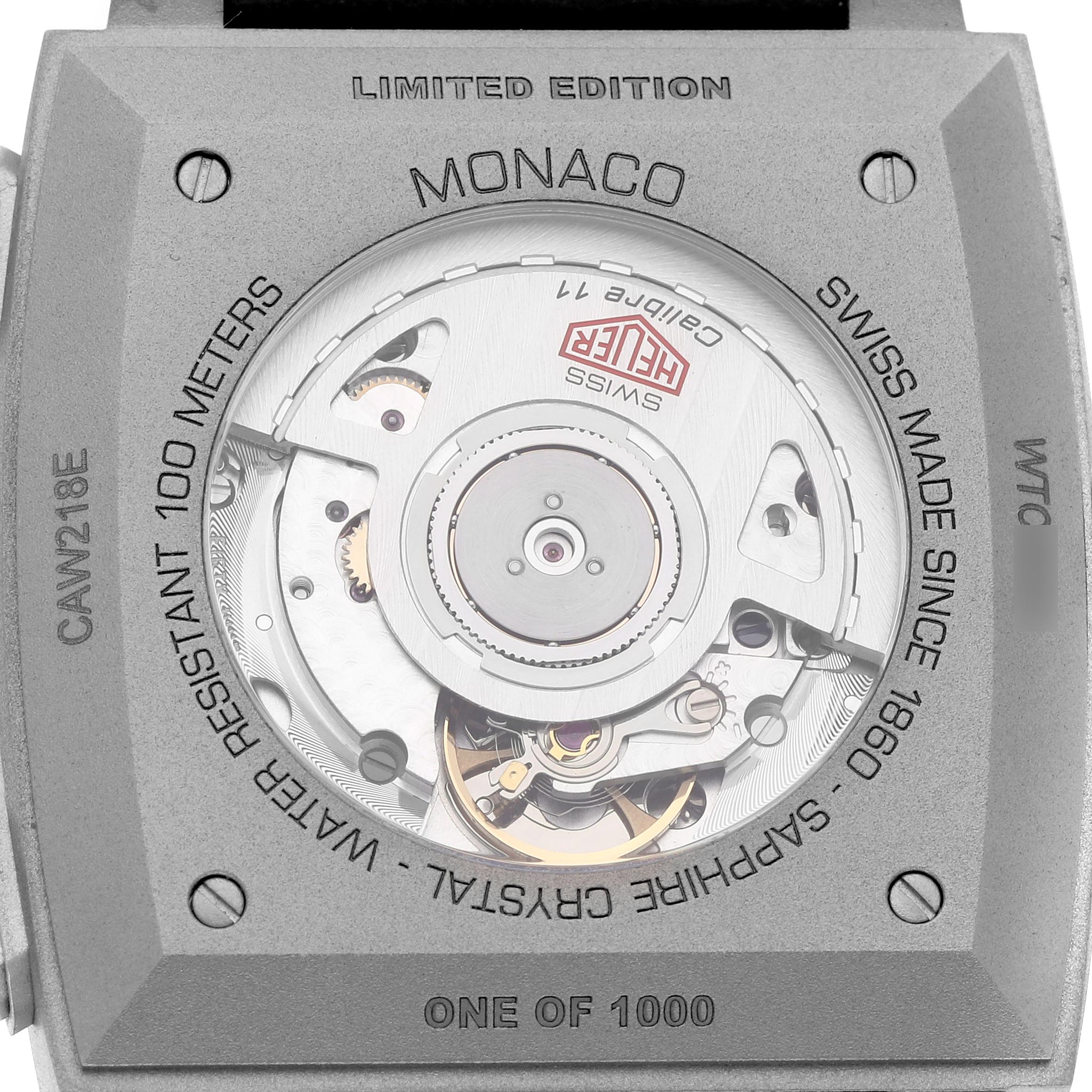 The image shows the case back of a Tag Heuer Monaco CAW218E.FC6565 Men's Titanium Silver Dial CAW218E.FC6565 Men's Titanium Silver Dial watch, displaying the movement and limited edition details.