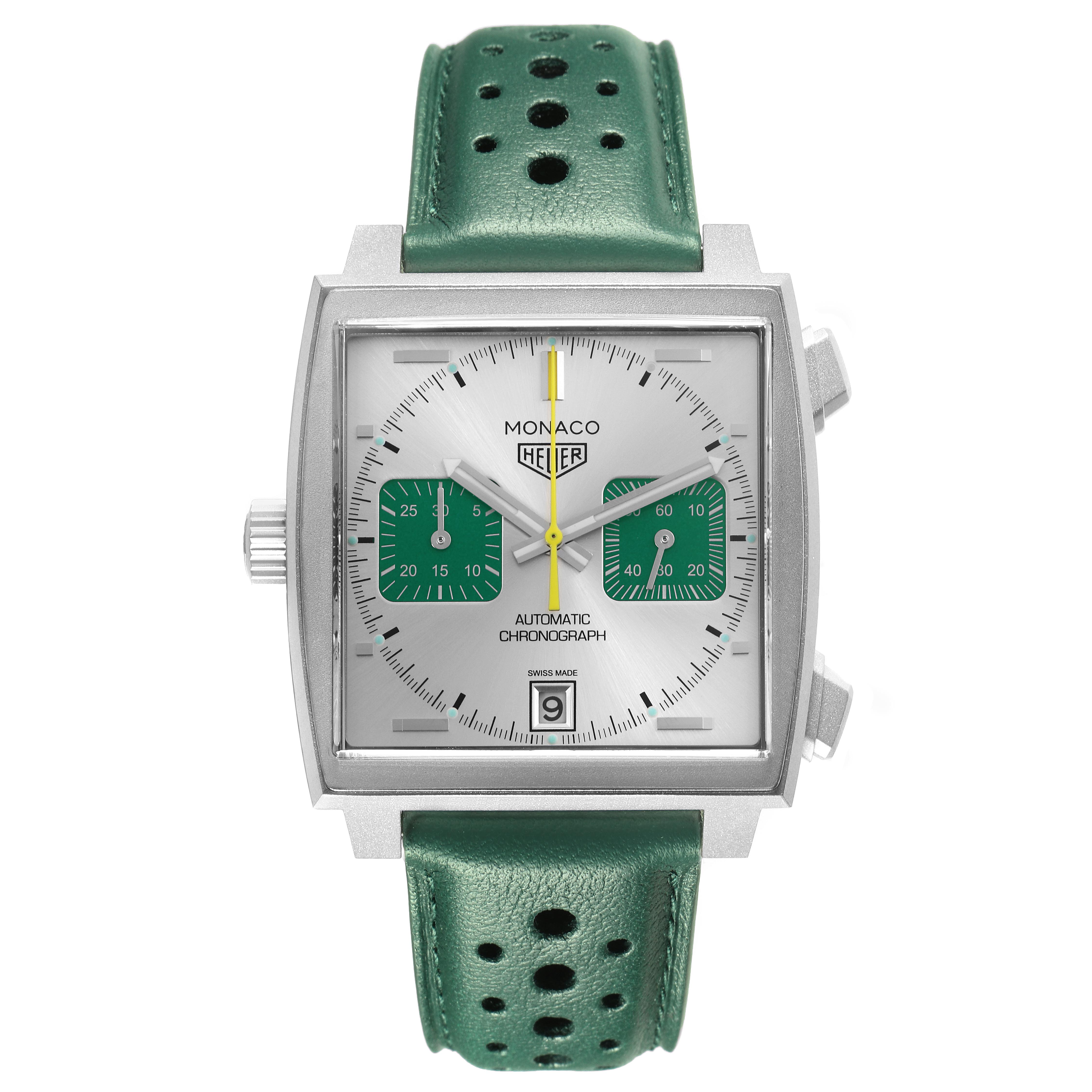 The Tag Heuer Monaco CAW218E.FC6565 Men's Titanium Silver Dial CAW218E.FC6565 Men's Titanium Silver Dial watch is shown from the front, displaying its square face, green subdials, green strap, and date window.