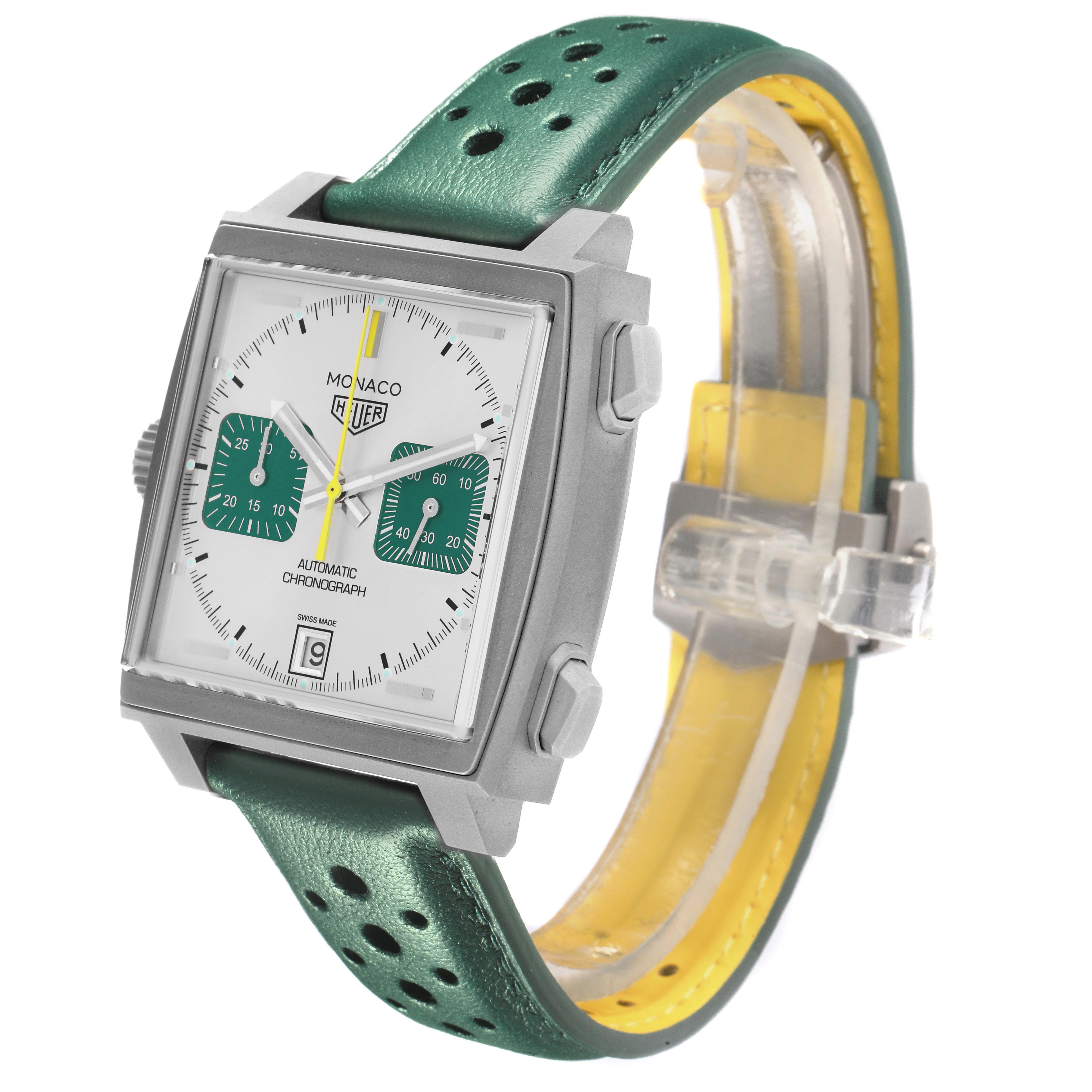 The Tag Heuer Monaco CAW218E.FC6565 Men's Titanium Silver Dial watch is shown at a slight angle, highlighting the face, square case, and green strap.