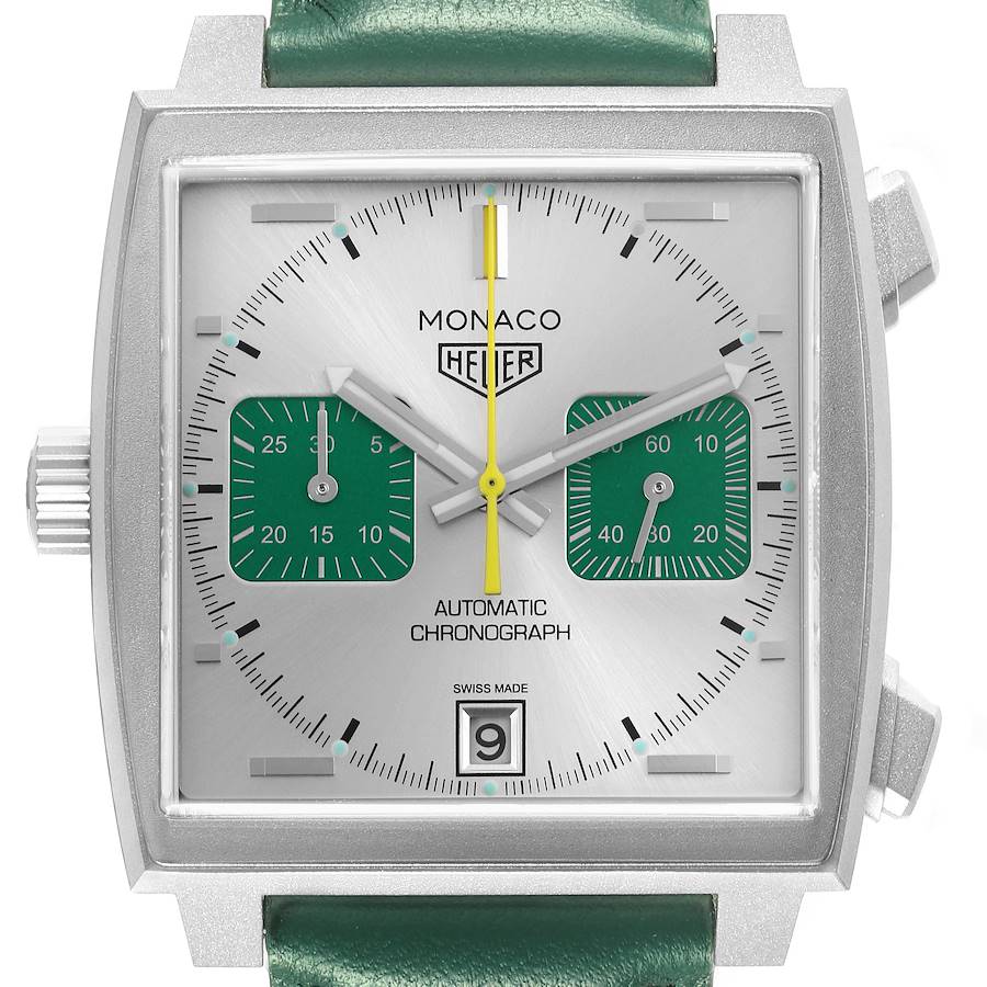 The image shows a front view of the Tag Heuer Monaco CAW218E.FC6565 Men's Titanium Silver Dial watch, highlighting its square dial, subdials, and date window.