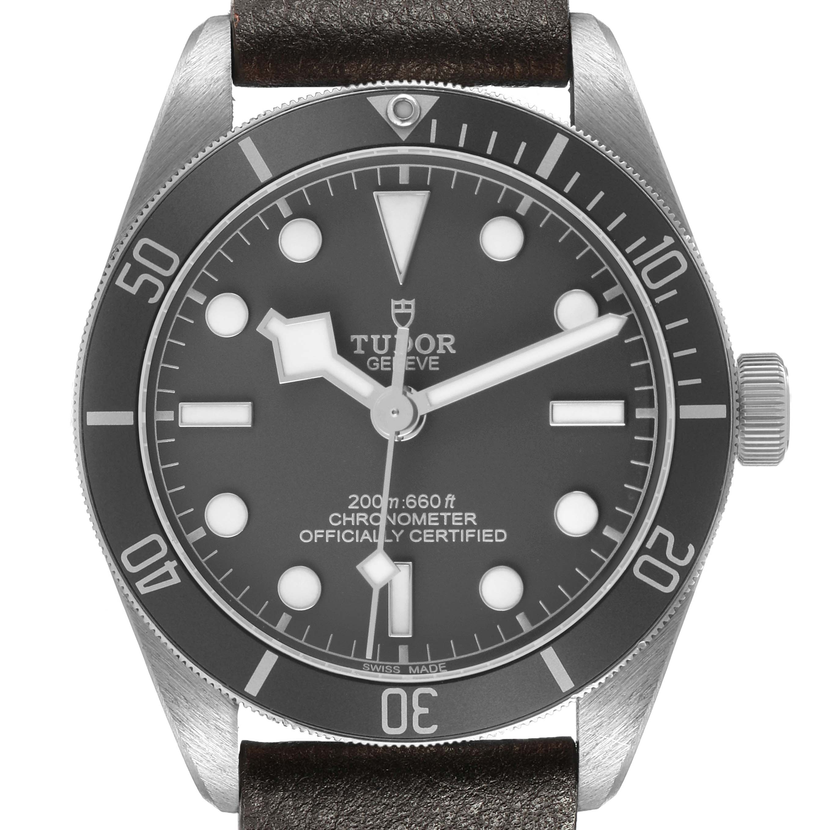 The Tudor Heritage Black Bay 79010 Men's Stainless Steel Grey Dial watch is shown from the front, highlighting the dial, bezel, and crown.
