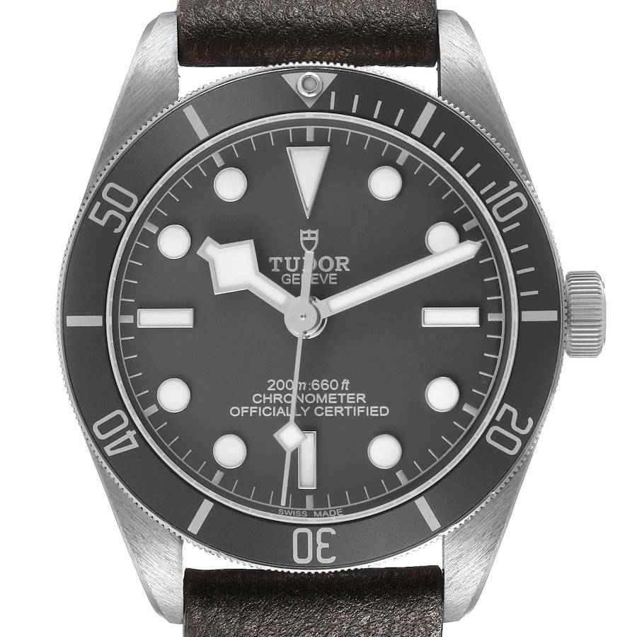 The Tudor Heritage Black Bay 79010 Men's Stainless Steel Grey Dial watch is shown from the front, highlighting the dial, bezel, and crown.