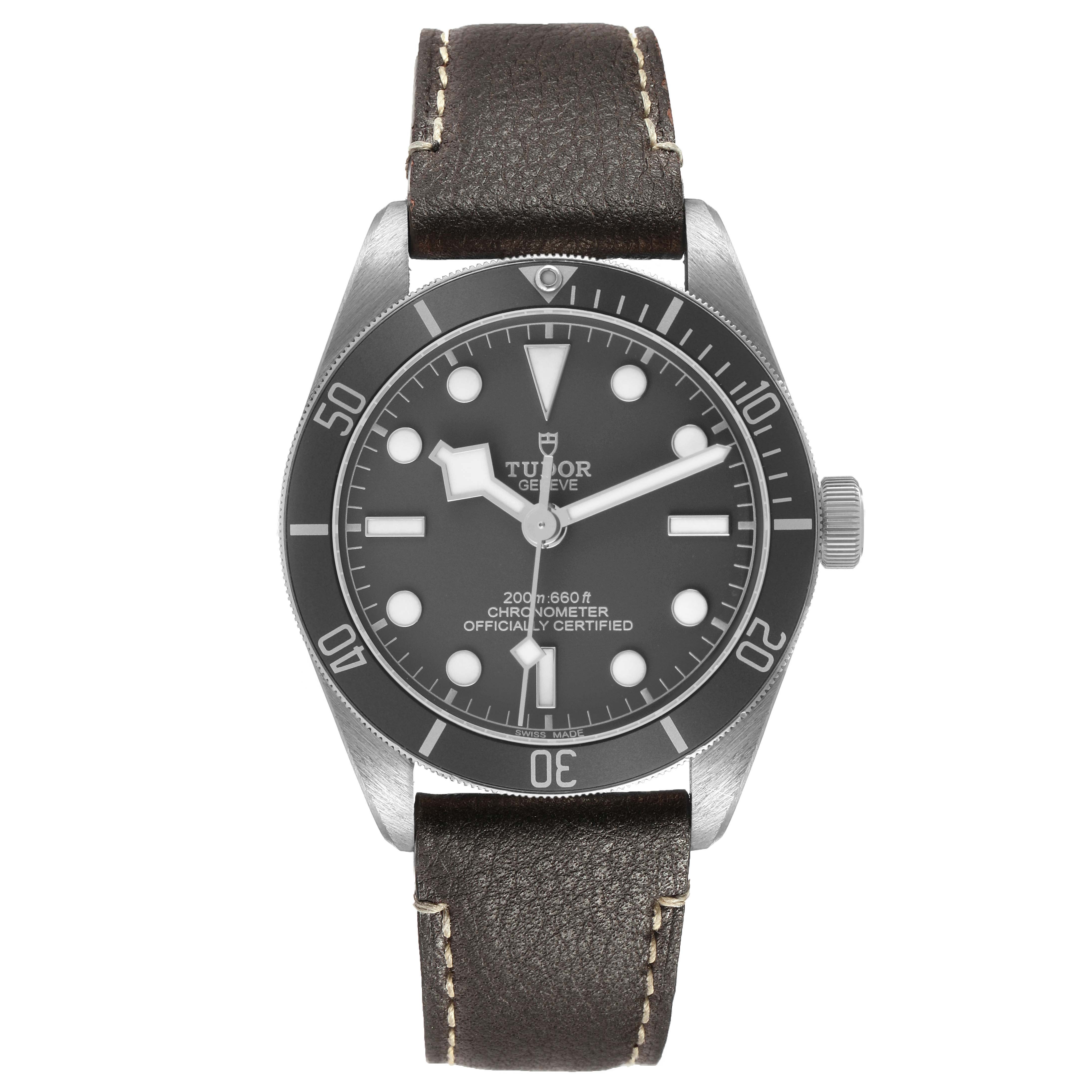 This Tudor Heritage Black Bay 79010 Men's Stainless Steel Grey Dial watch is shown from the front, displaying the dial, bezel, crown, and leather strap.