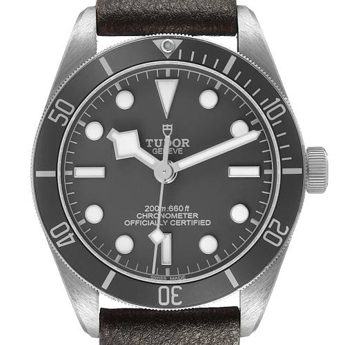 The image shows a front view of the Tudor Heritage Black Bay 79010 Men's Stainless Steel Grey Dial watch, highlighting the dial, bezel, crown, and strap.