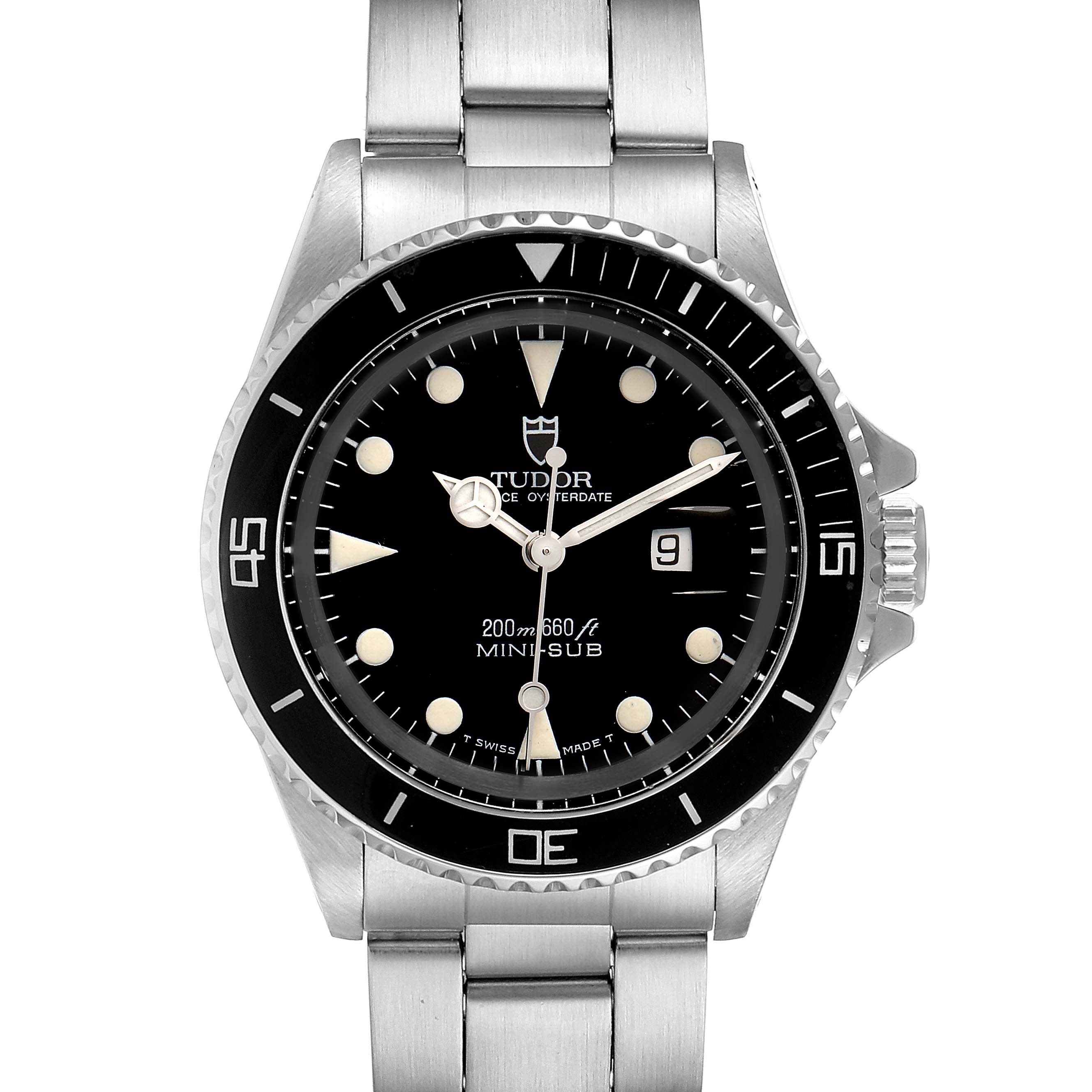 The Tudor Submariner 73090 Men's Stainless Steel Black Dial 73090 Men's Stainless Steel Black Dial watch is shown from a front angle, displaying the dial, bezel, and metal bracelet.