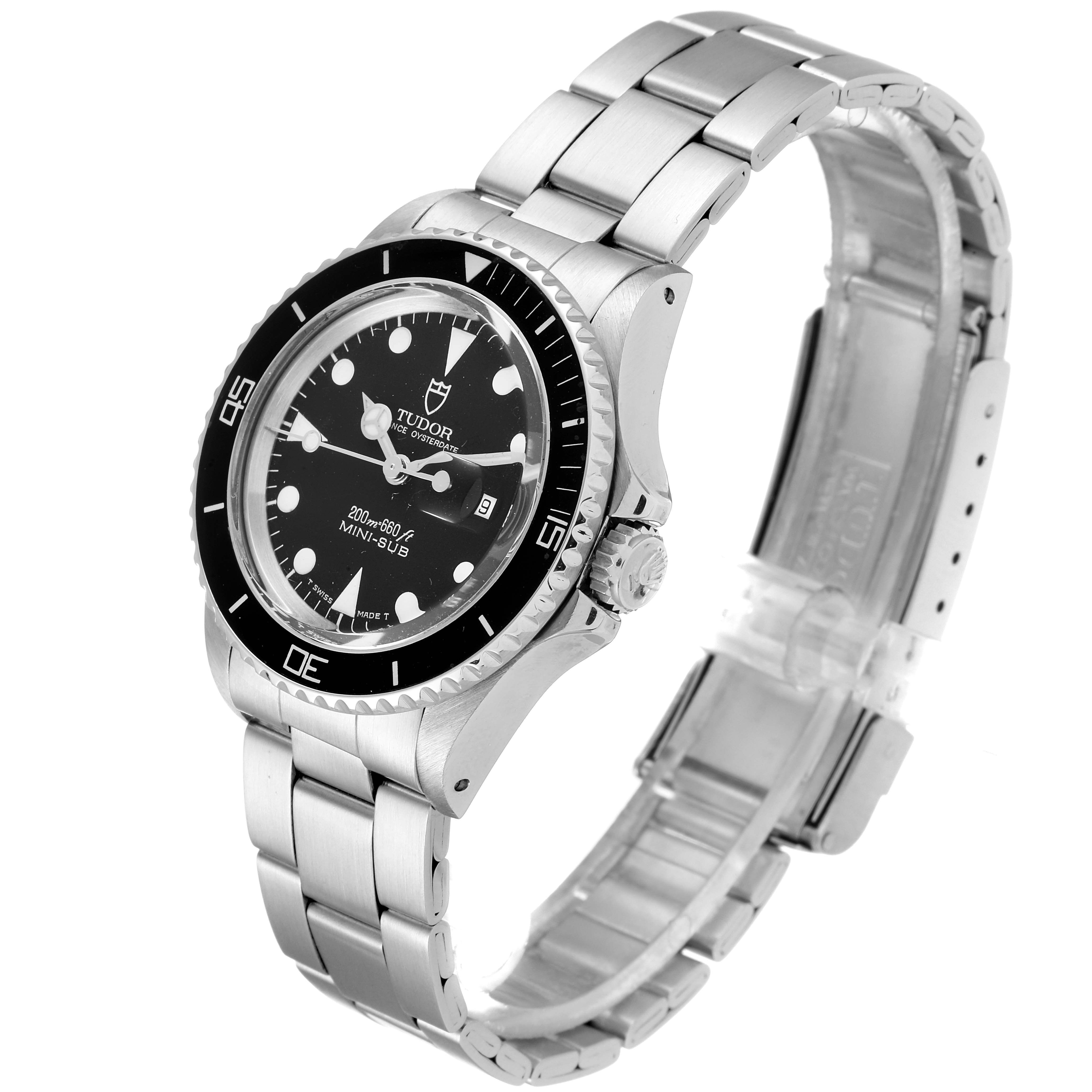 The image shows a Tudor Prince Mini-Sub watch at an angle displaying the face, bezel, case, crown, and bracelet.