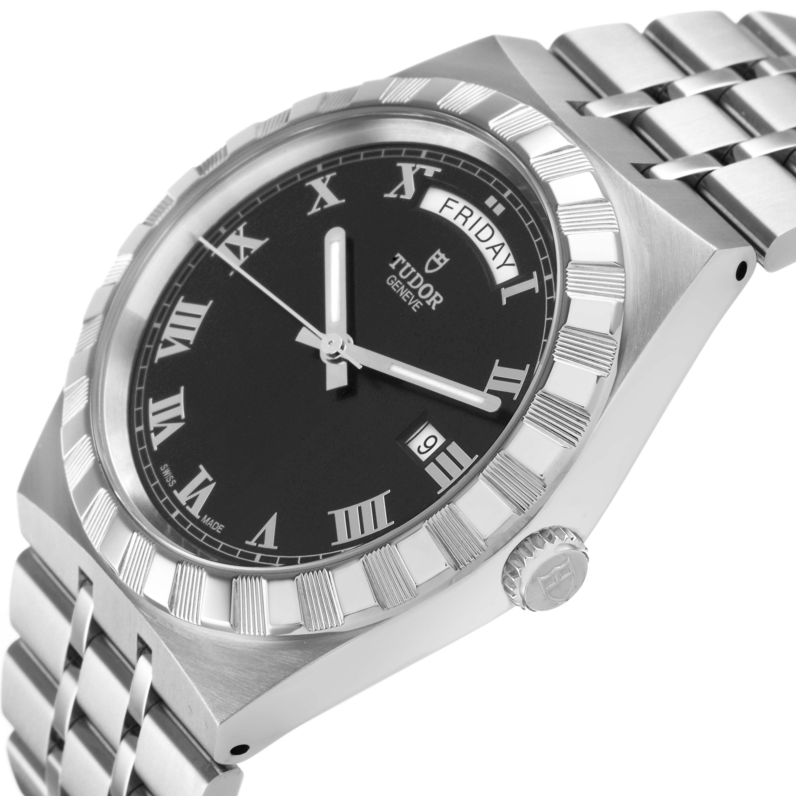 The Tudor Royal 28600-0003 Men's Stainless Steel Black Dial watch is shown from a side angle, highlighting its bezel, crown, and bracelet with a black dial.