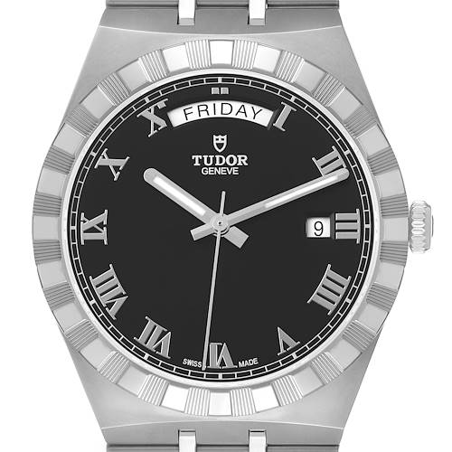 The image shows a front view of the Tudor Royal 28600-0003 Men's Stainless Steel Black Dial watch, highlighting the dial, bezel, hands, day and date displays, and crown.