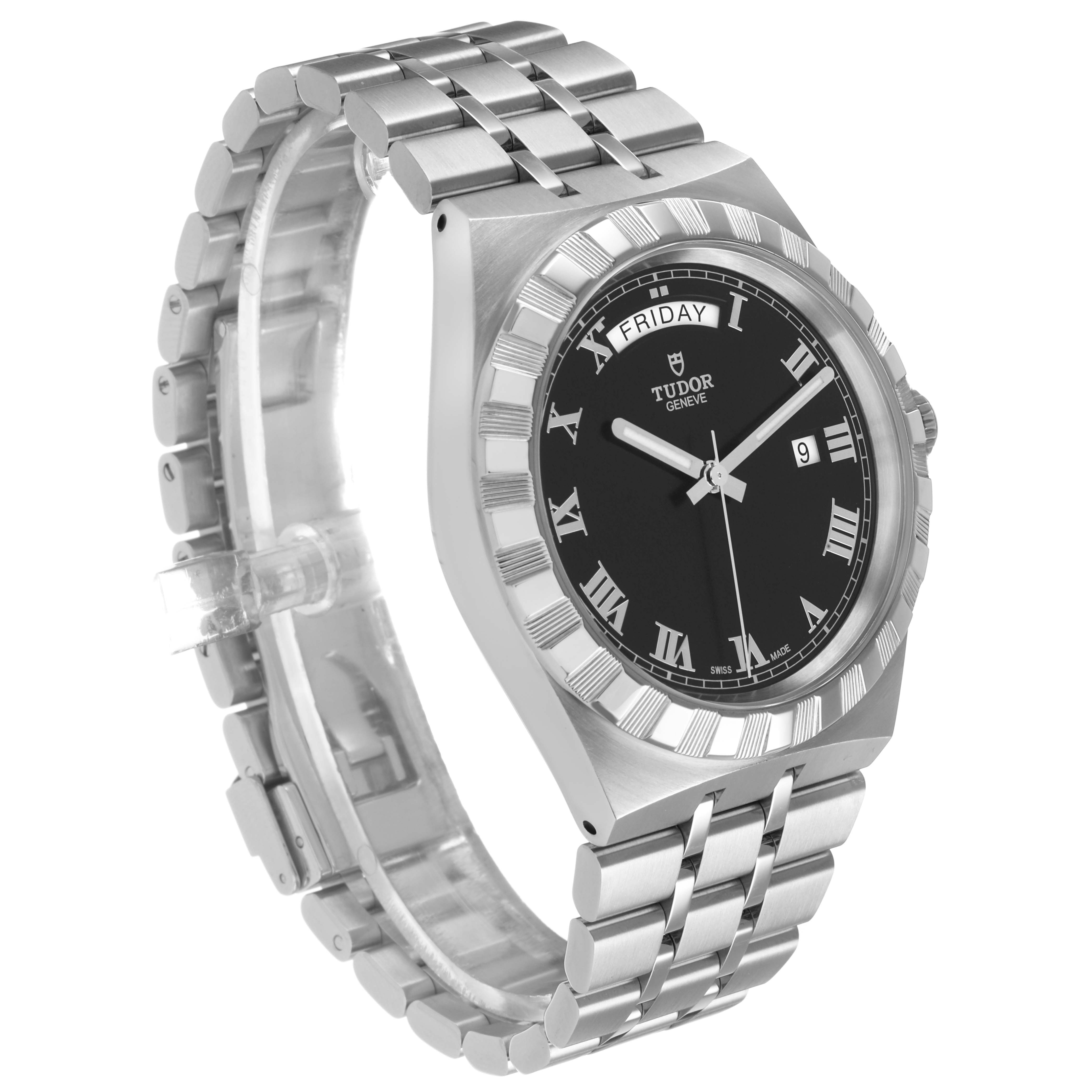 The Tudor Royal 28600-0003 Men's Stainless Steel Black Dial watch is shown at a three-quarter angle, highlighting the bracelet, bezel, and black dial with day-date displays.