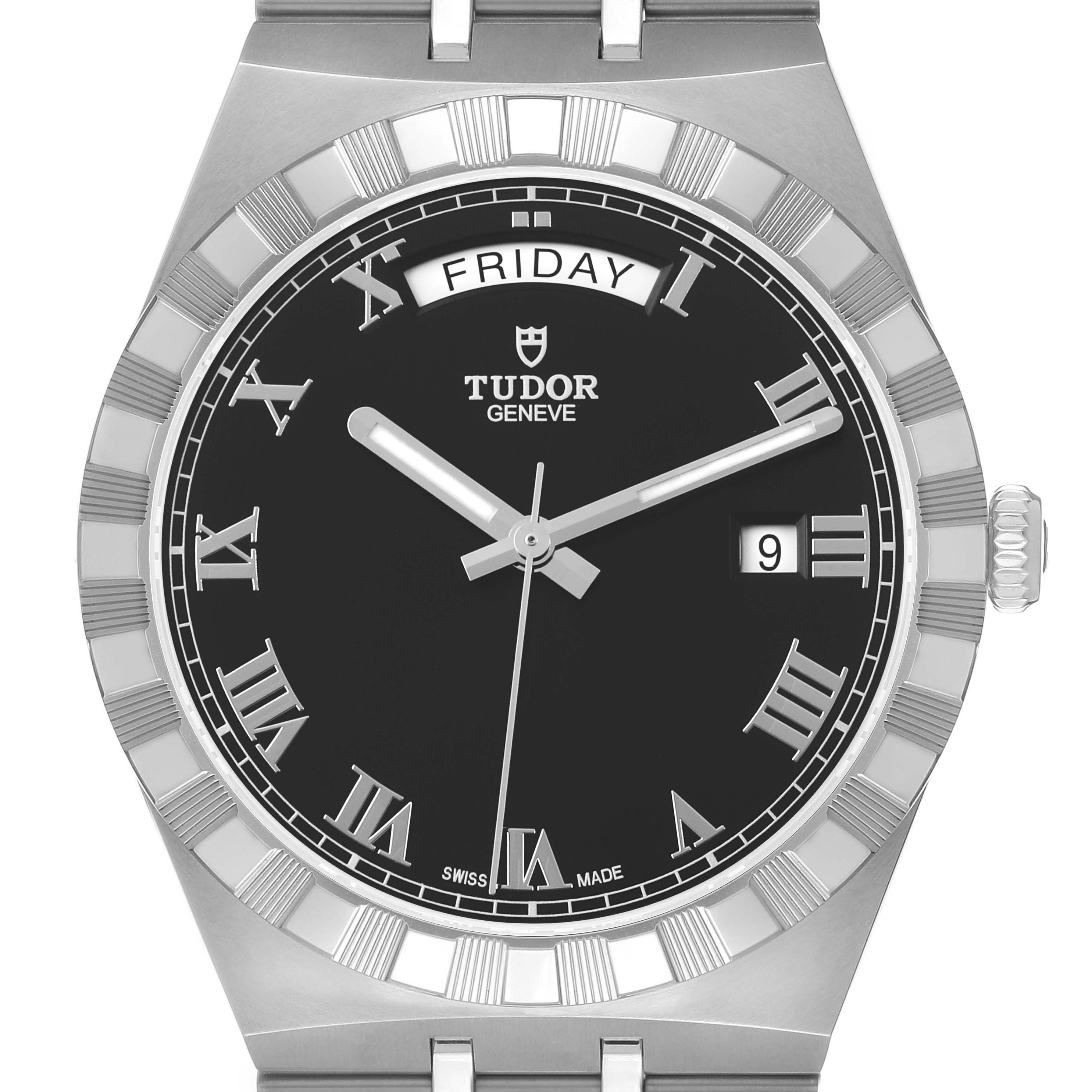 The Tudor Royal 28600-0003 Men's Stainless Steel Black Dial watch is shown from the front, highlighting the black dial, day and date windows, and Roman numerals.