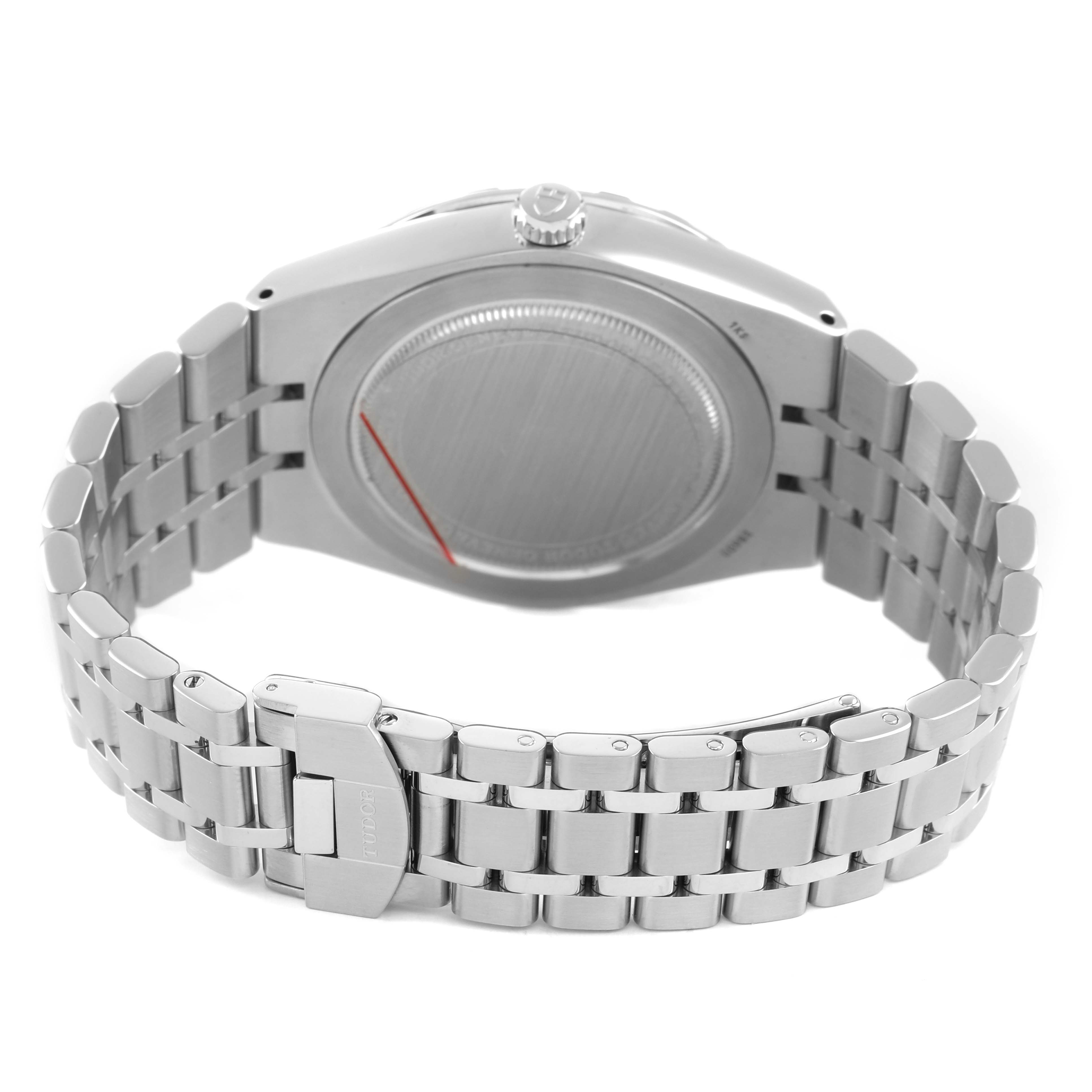 The Tudor Royal 28600-0003 Men's Stainless Steel Black Dial watch is shown from the back, featuring its case back, crown, and stainless steel bracelet with the clasp visible.