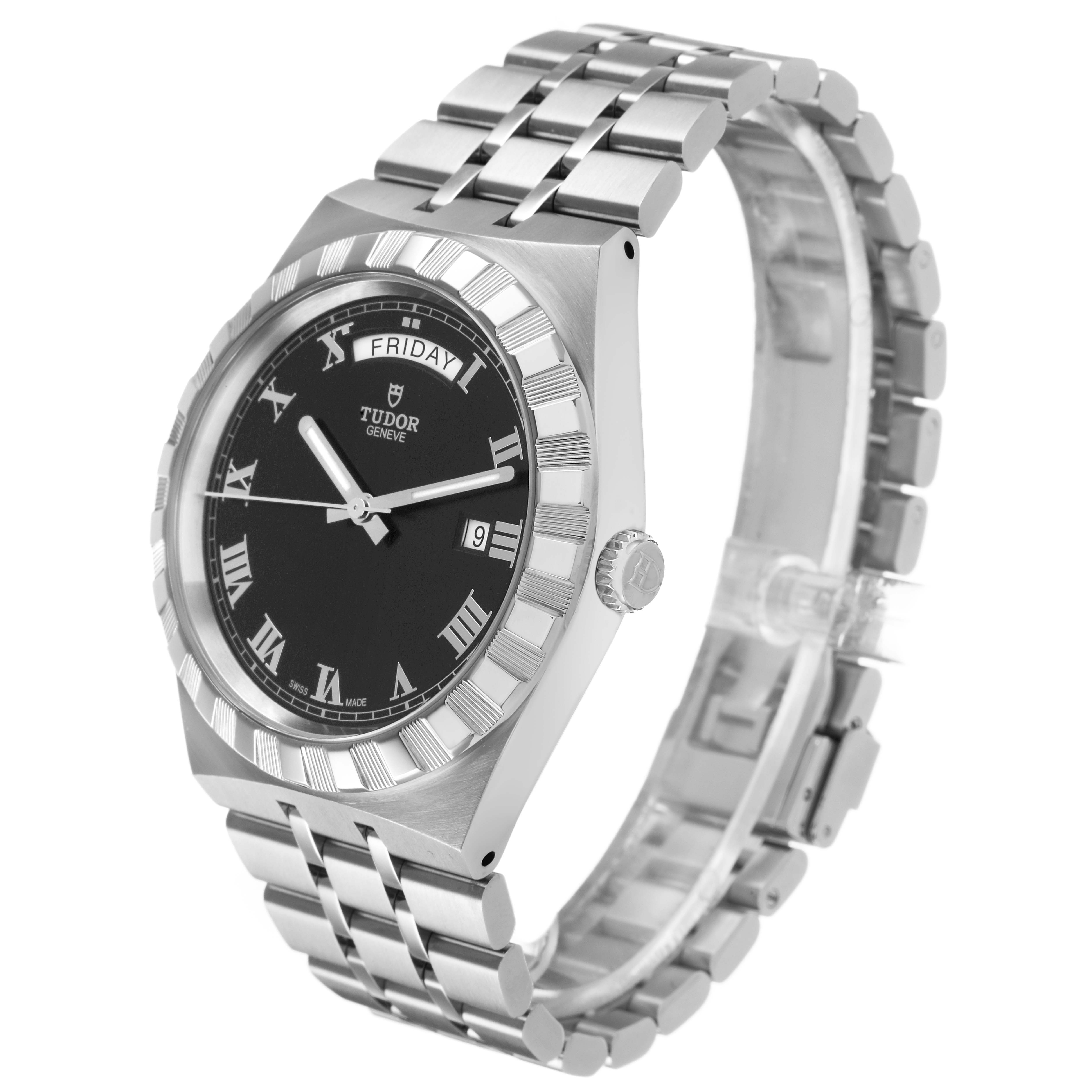 The Tudor Royal 28600-0003 Men's Stainless Steel Black Dial watch is shown at a three-quarter angle, displaying the dial, bezel, crown, and bracelet.