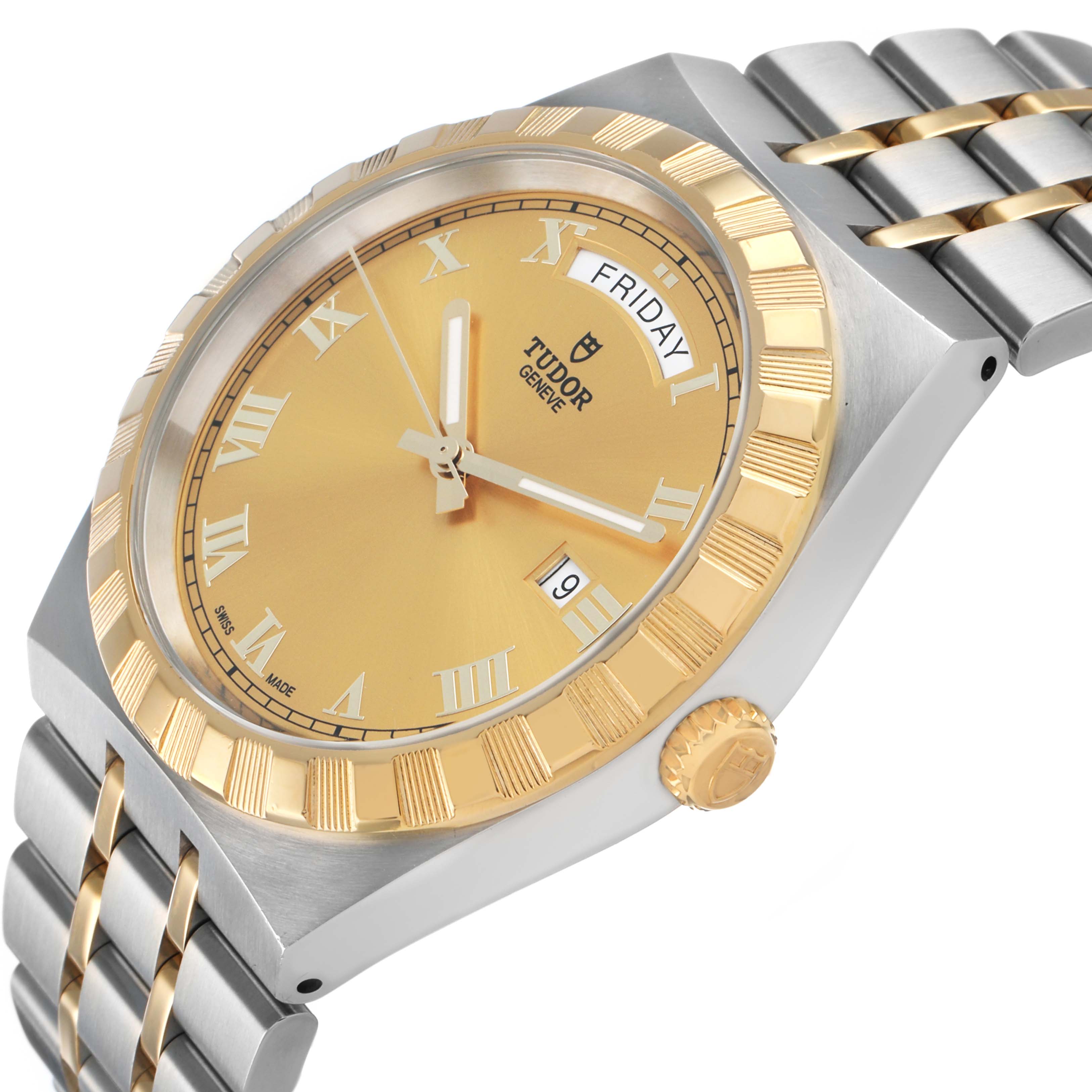 The Tudor Royal 28603 Men's Stainless Steel Champagne Dial watch is shown at a three-quarter angle, highlighting its gold dial, fluted bezel, crown, and two-tone bracelet.