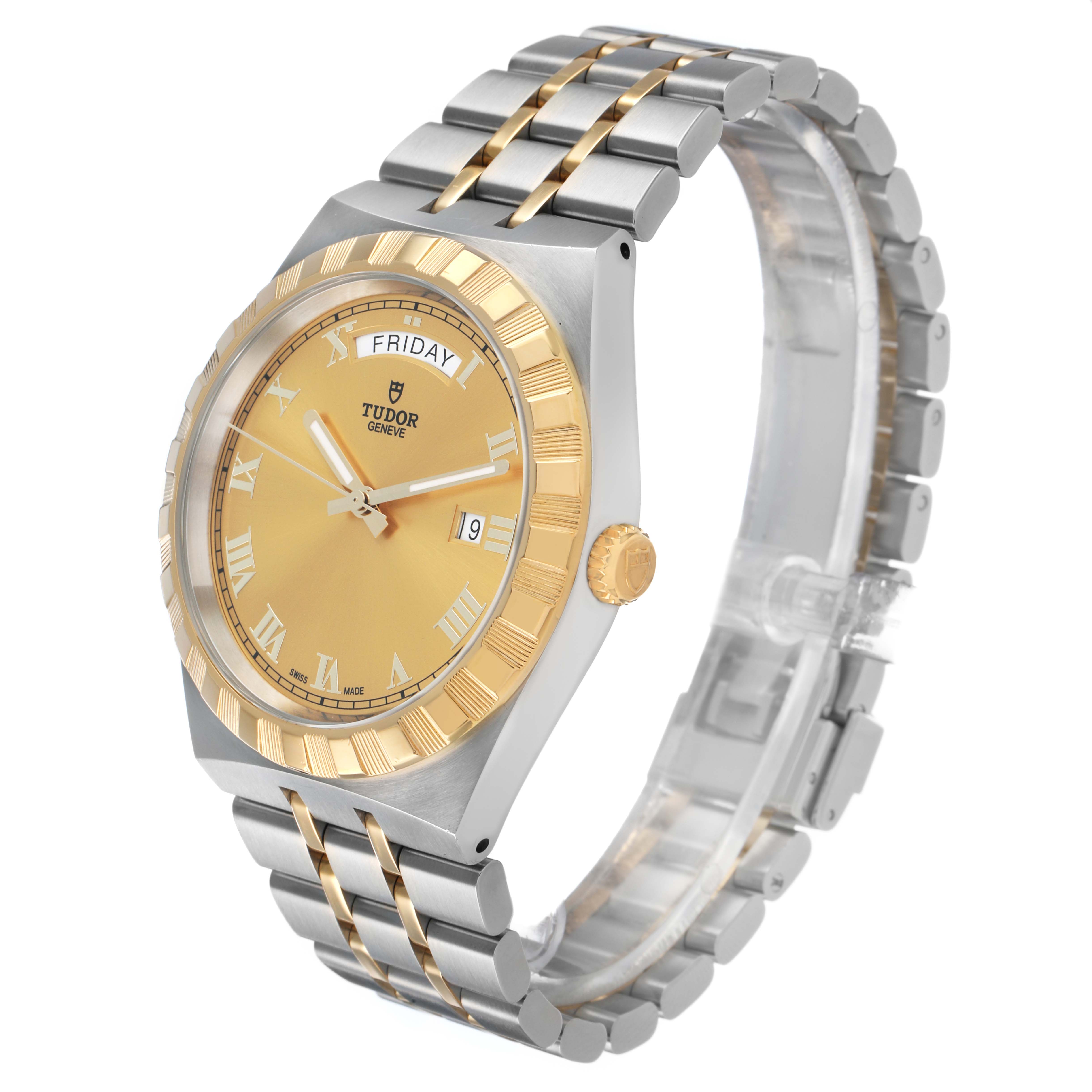 The Tudor Royal 28603 Men's Stainless Steel Champagne Dial watch is viewed from a three-quarter angle, showing the dial, bezel, crown, and bracelet.