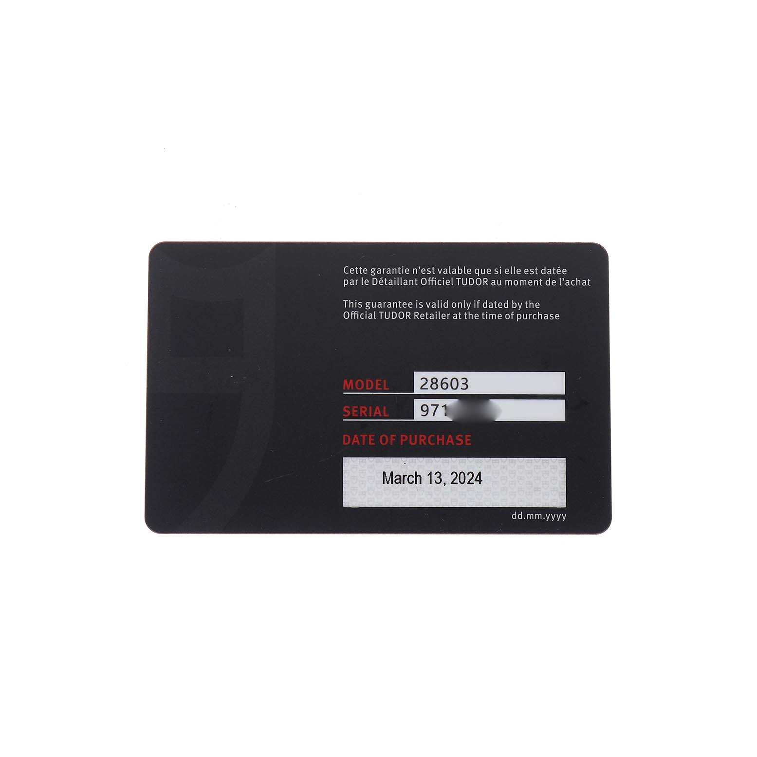 The image shows a warranty card for a Tudor Royal 28603 Men's Stainless Steel Champagne Dial watch, displaying model and serial numbers.