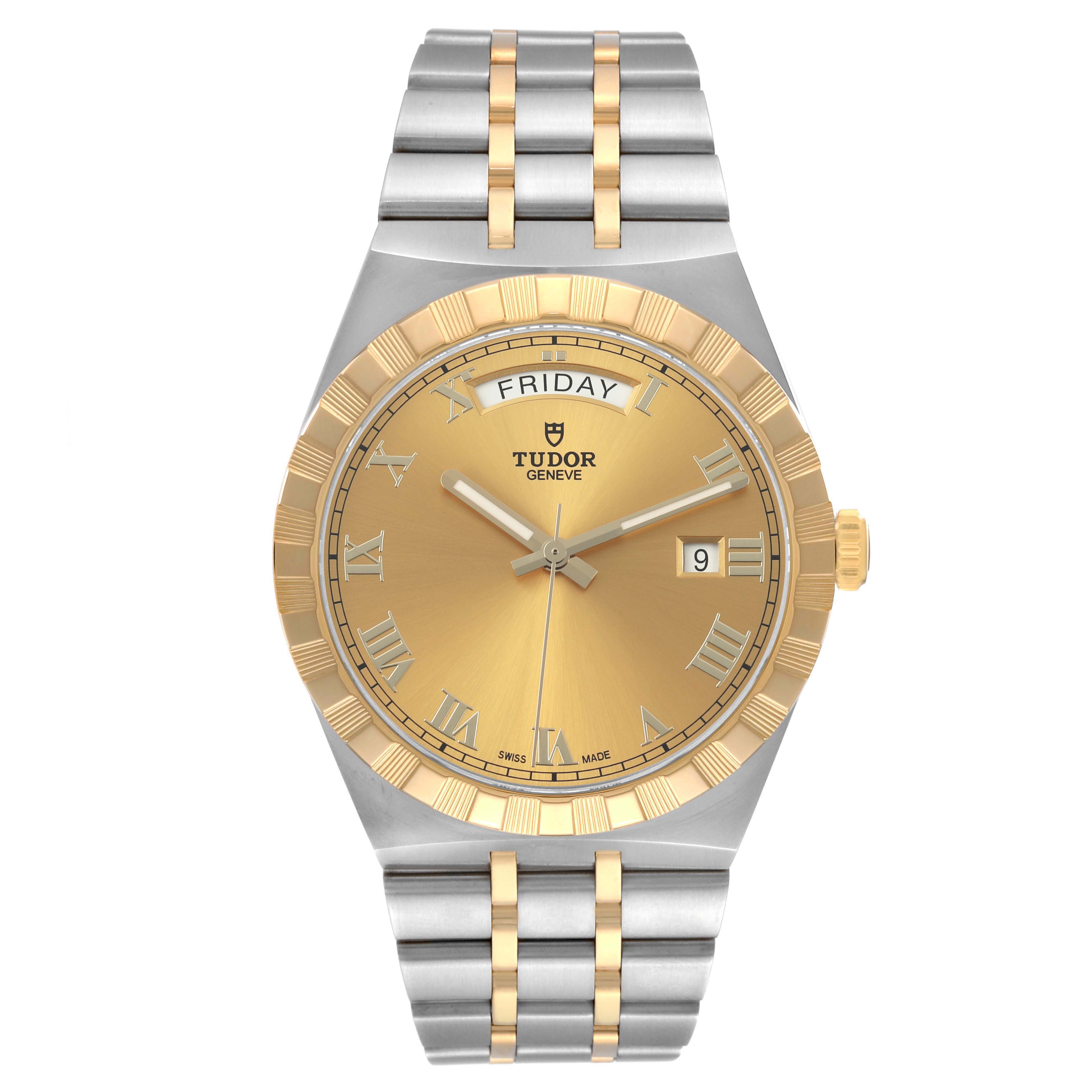 The Tudor Royal 28603 Men's Stainless Steel Champagne Dial watch is shown from a front angle, featuring its bracelet, dial, bezel, crown, and day-date display.