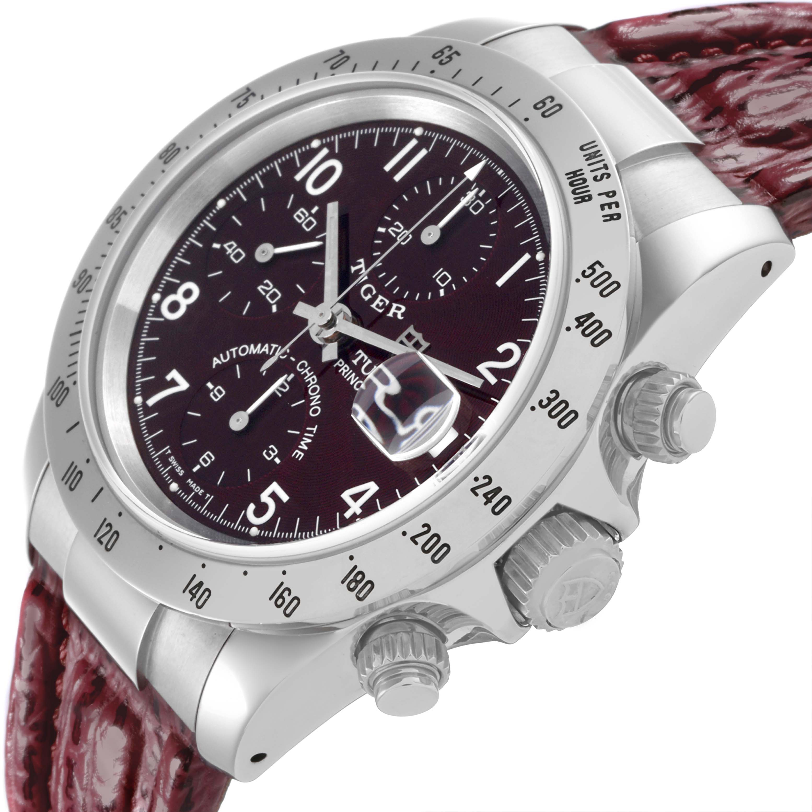 The Tudor Tiger 79280P Men's Stainless Steel Red Dial 79280P Men's Stainless Steel Red Dial watch is shown at an angled side view, displaying the face, bezel, crown, pushers, and part of the strap.