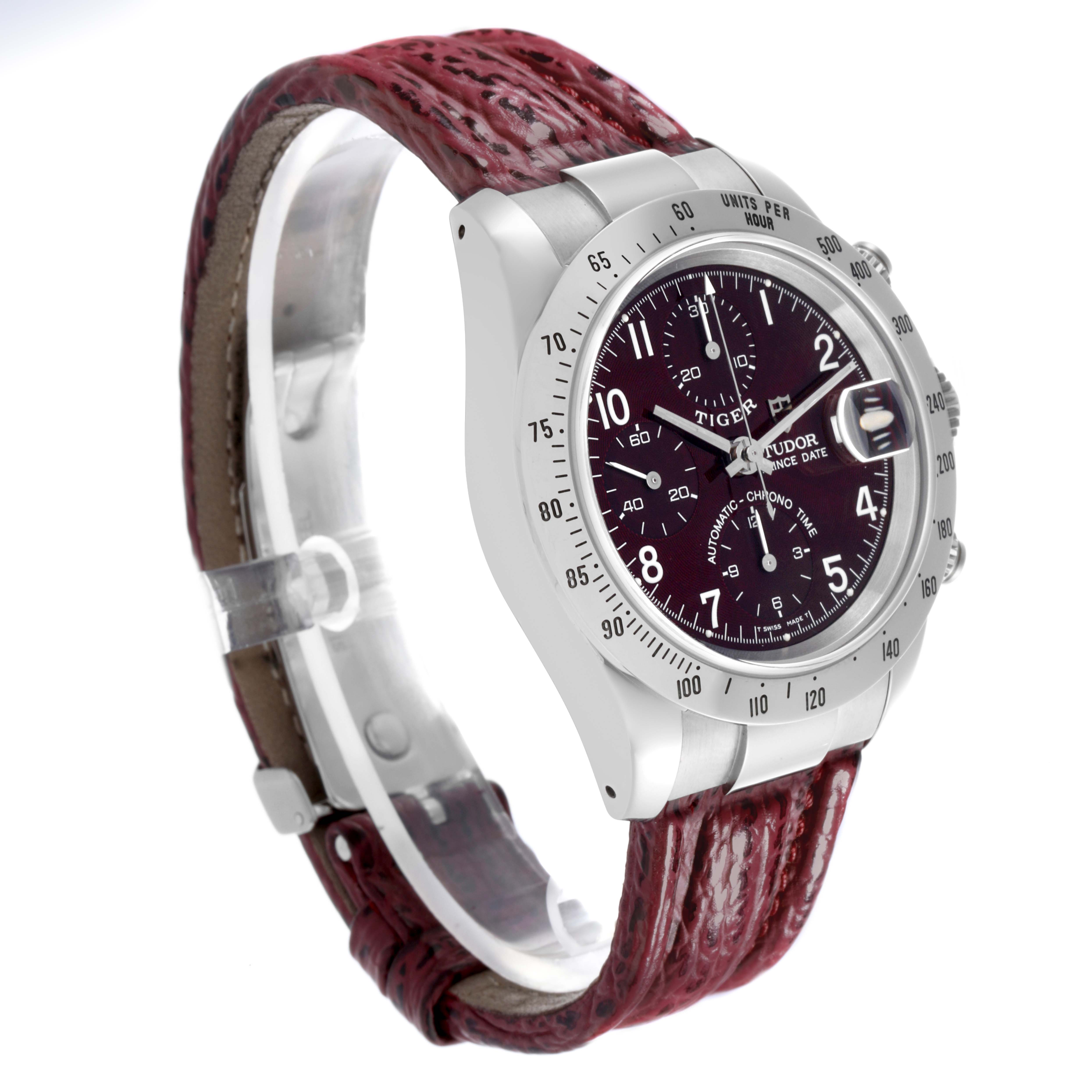 The Tudor Tiger 79280P Men's Stainless Steel Red Dial 79280P Men's Stainless Steel Red Dial watch is shown at a slight angle, highlighting the dial, bezel, and leather strap.