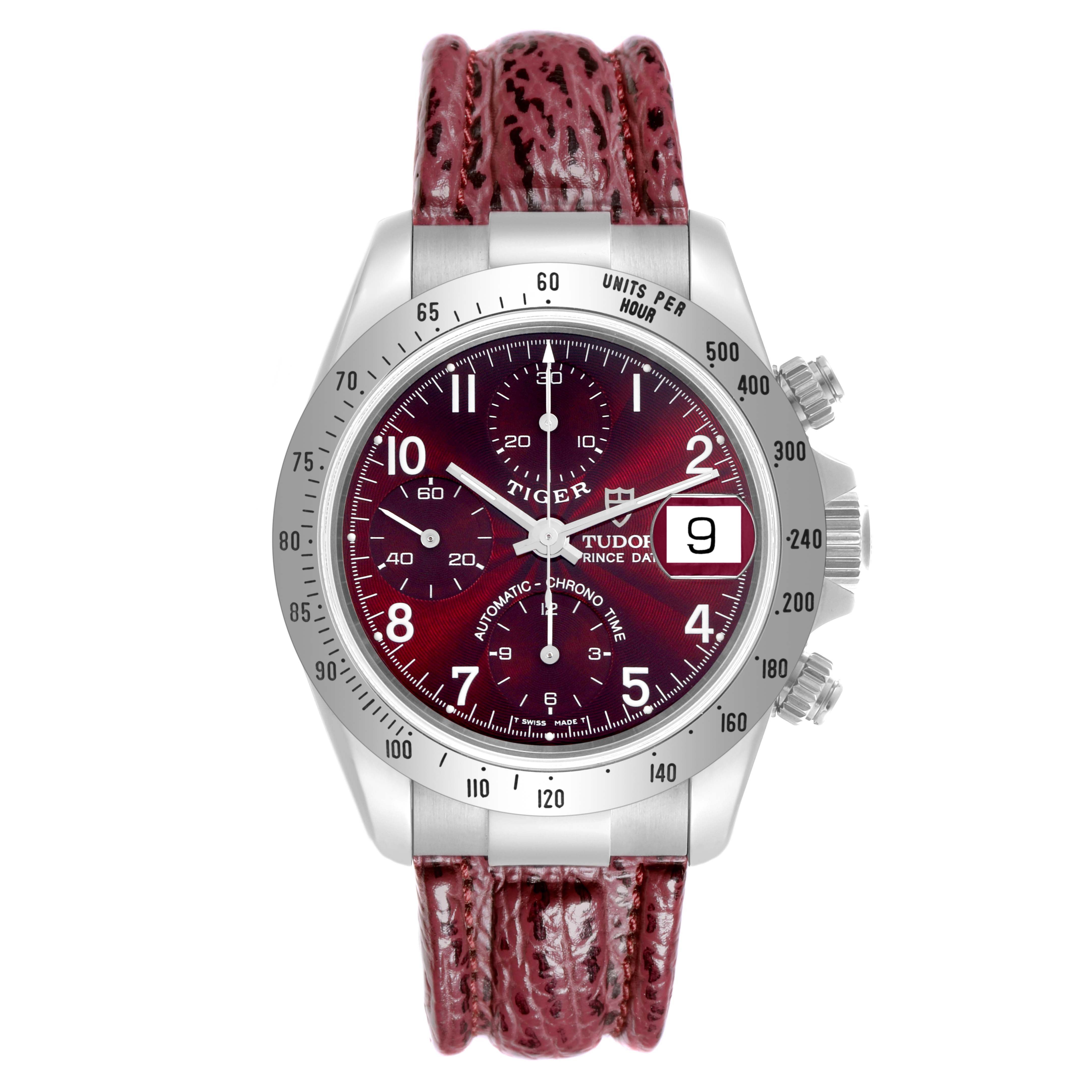 The Tudor Tiger 79280P Men's Stainless Steel Red Dial 79280P Men's Stainless Steel Red Dial watch is shown from the front, displaying its face, bezel, and maroon strap.
