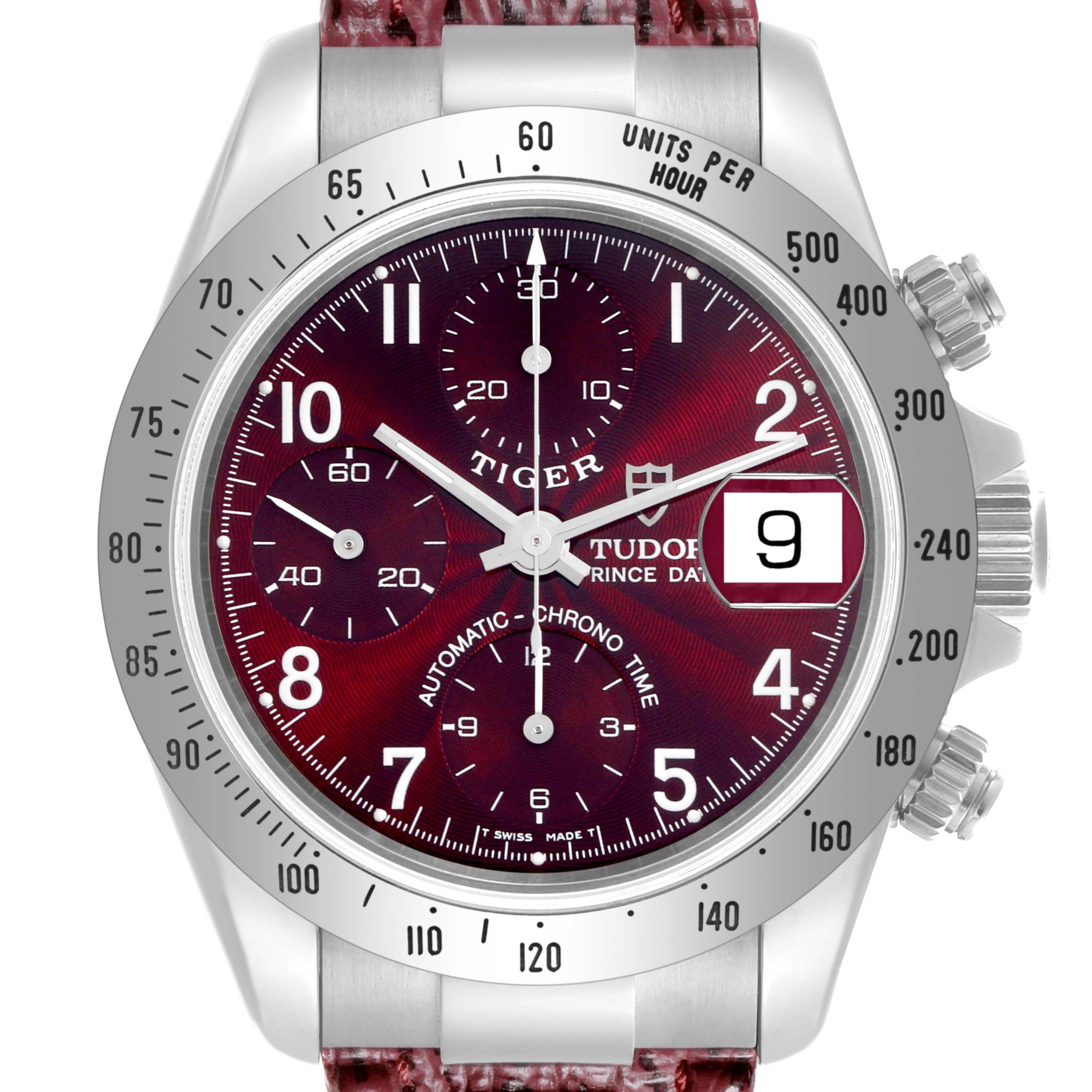 The Tudor Tiger 79280P Men's Stainless Steel Red Dial 79280P Men's Stainless Steel Red Dial model watch is shown from the front, displaying the dial, bezel, pushers, and date window.
