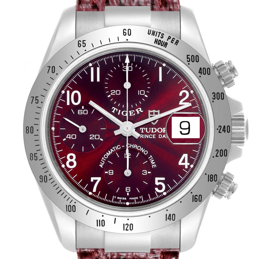 The Tudor Tiger model watch is shown from the front, displaying the dial, bezel, pushers, and date window.