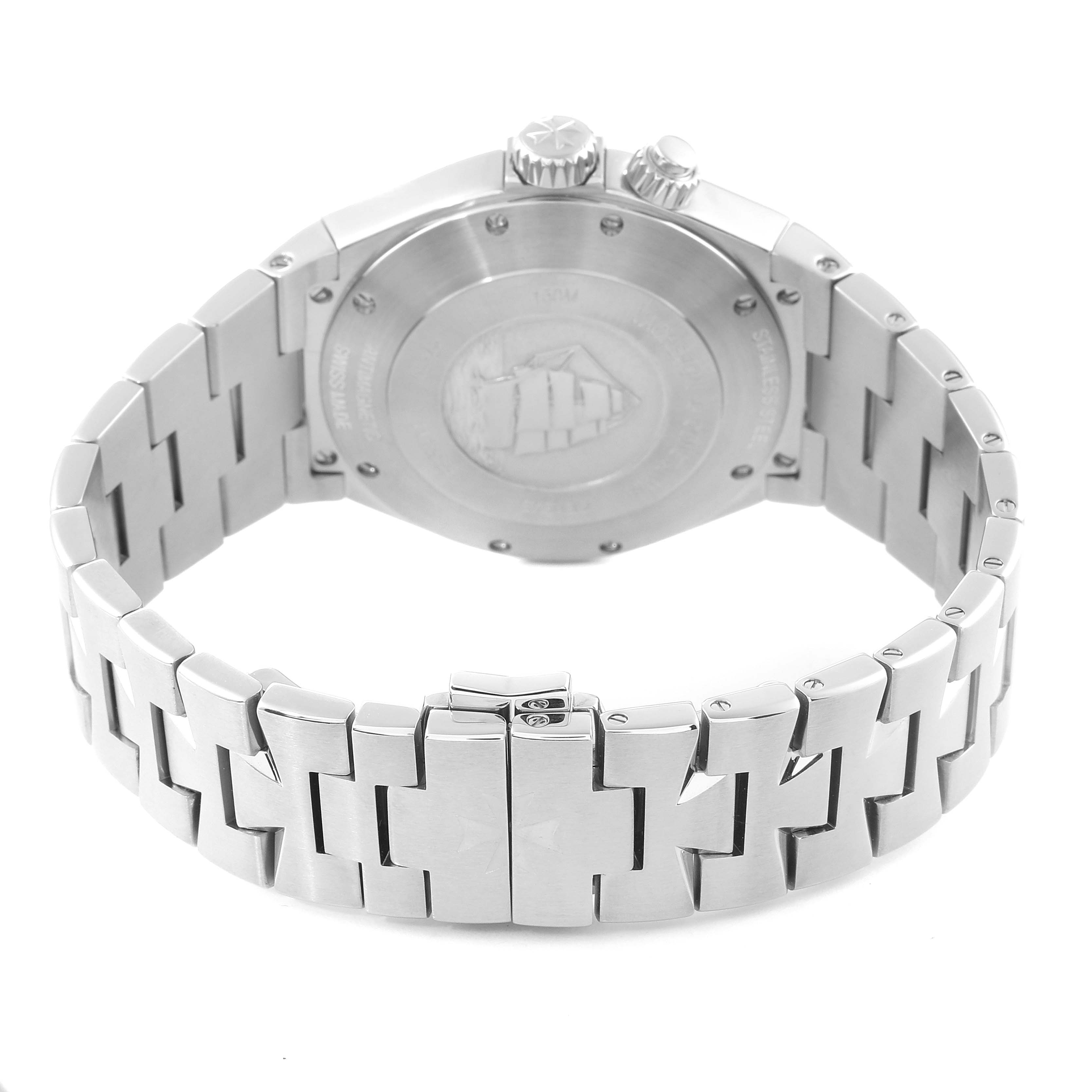 The image shows the back view of a Vacheron Constantin Overseas 47450/B01A Men's Stainless Steel Black Dial 47450/B01A Men's Stainless Steel Black Dial watch, highlighting the bracelet and case back.