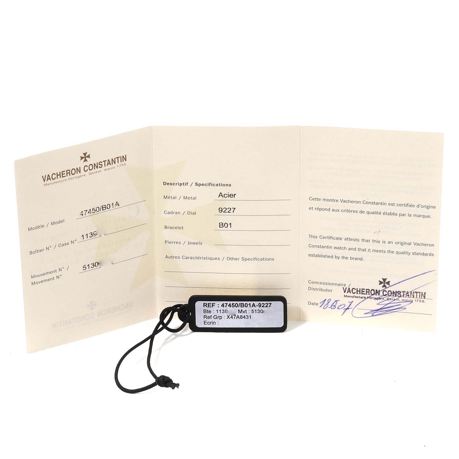 This image shows the documentation and a hang tag for the Vacheron Constantin Overseas 47450/B01A Men's Stainless Steel Black Dial 47450/B01A Men's Stainless Steel Black Dial model watch.