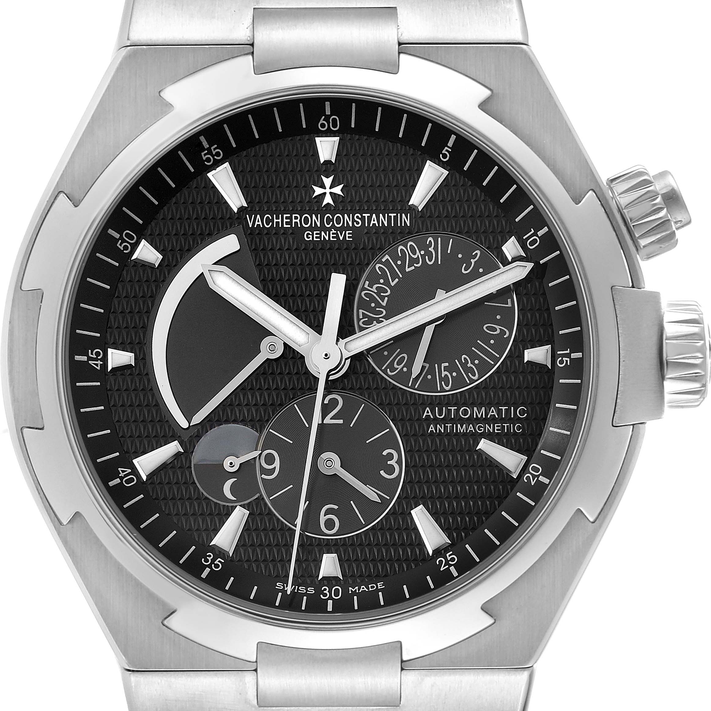 The image shows a front view of the Vacheron Constantin Overseas 47450/B01A Men's Stainless Steel Black Dial 47450/B01A Men's Stainless Steel Black Dial watch, highlighting the dial, hands, date subdial, and crown.