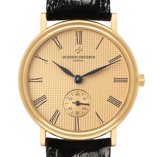 The Vacheron Constantin Patrimony 92238 Men's Yellow Gold Champagne Dial watch is shown from a front angle, displaying its dial, Roman numerals, hands, and subdial.