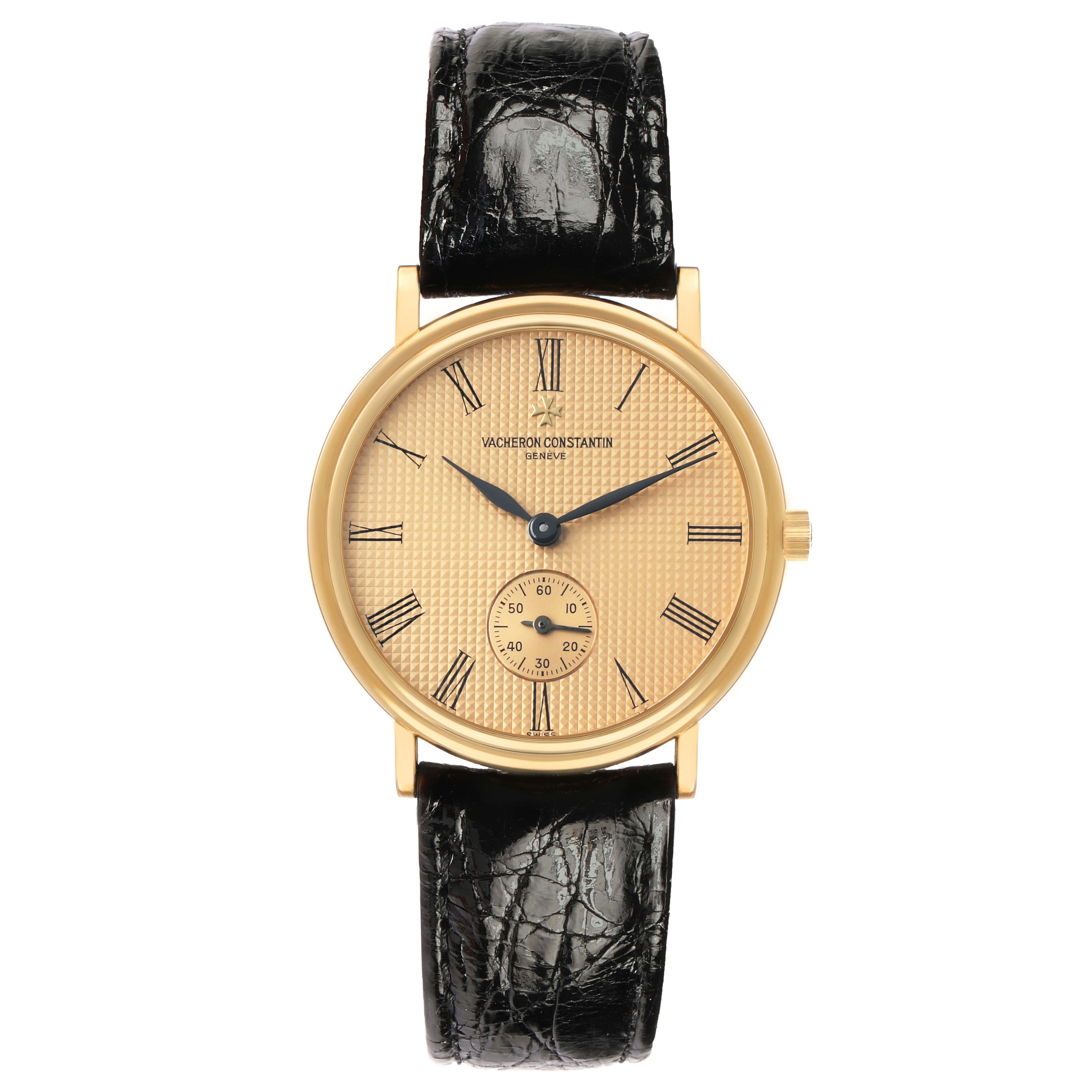 The image shows a front view of the Vacheron Constantin Patrimony 92238 Men's Yellow Gold Champagne Dial watch, highlighting the face, strap, and crown.