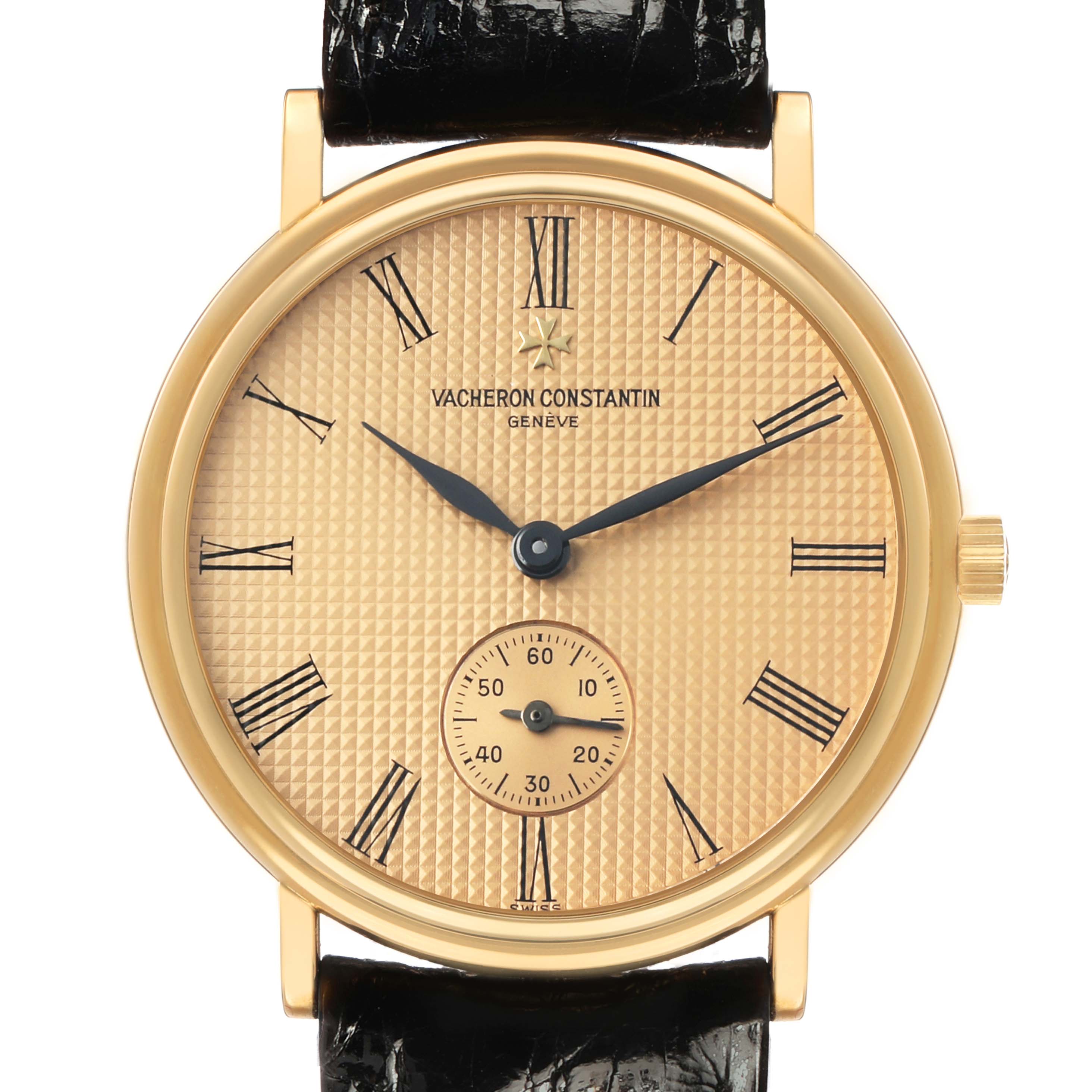 The Vacheron Constantin Patrimony 92238 Men's Yellow Gold Champagne Dial watch is shown from a front angle, highlighting the dial, hands, crown, and strap.