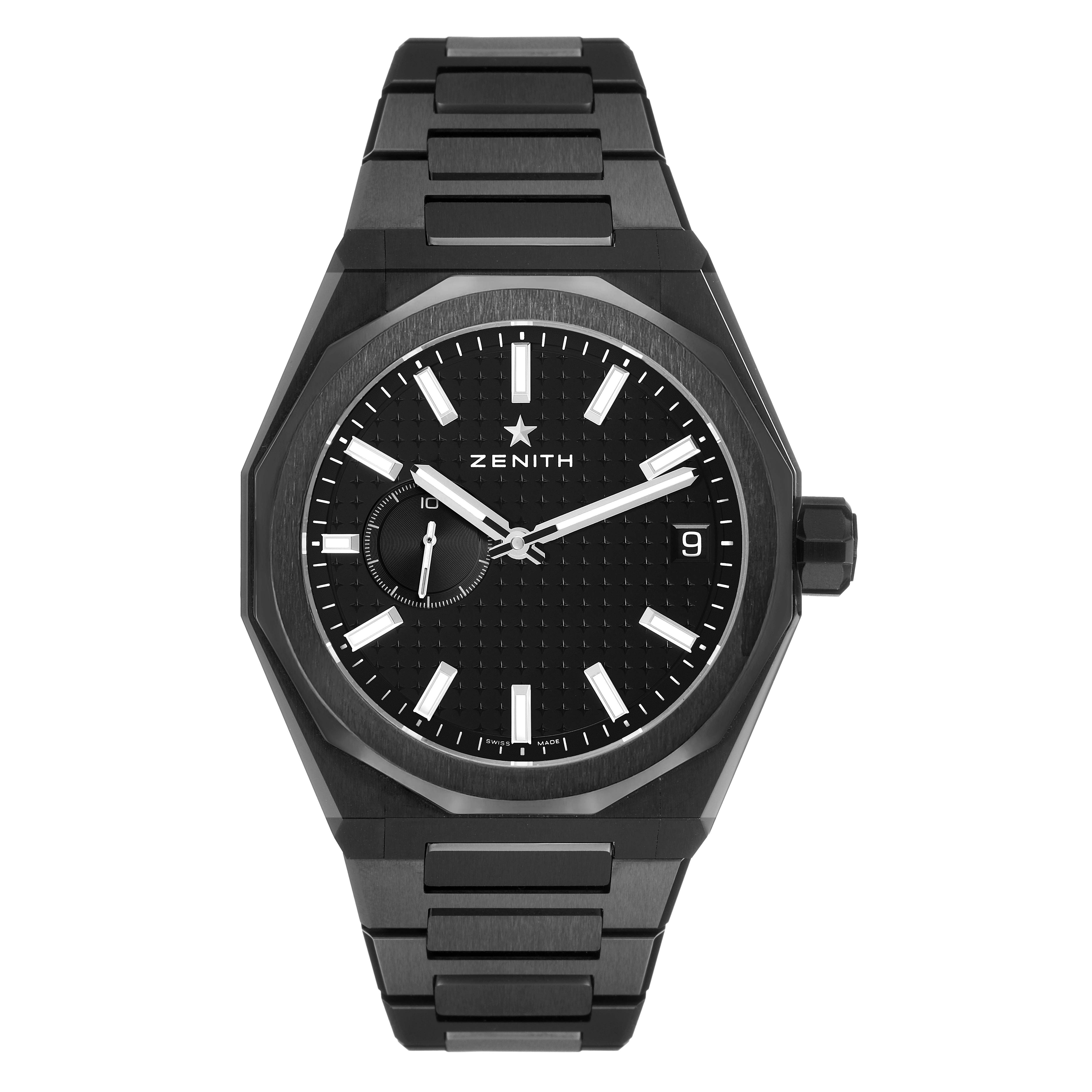 The Zenith Defy 49.9300.3620 Men's Ceramic Black Dial watch is shown from the front, highlighting its face, bezel, and bracelet.