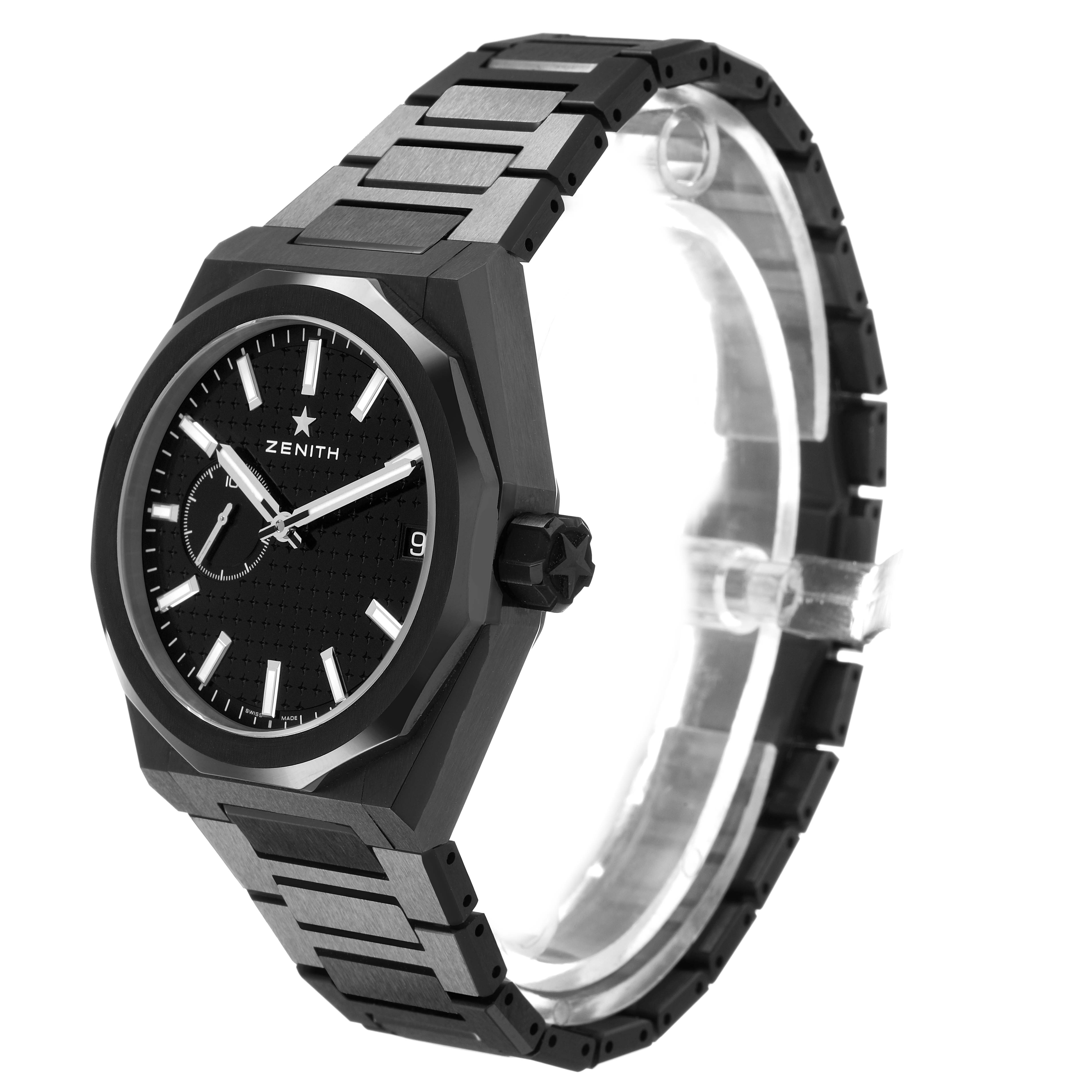 The Zenith Defy 49.9300.3620 Men's Ceramic Black Dial watch is shown at a three-quarter angle, displaying the dial, bracelet, and crown.